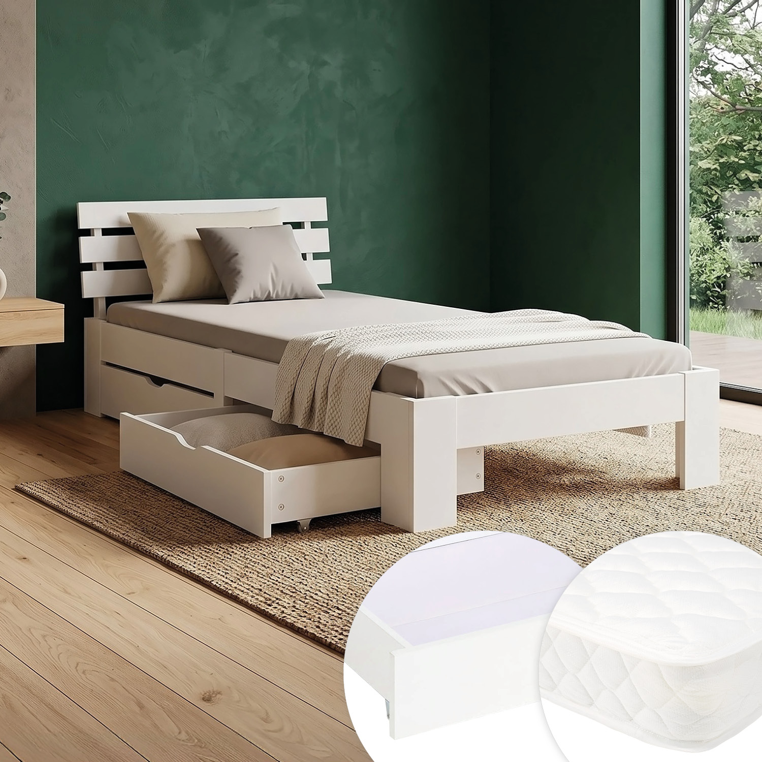 Wood Bed 90x200 cm White | Single Bed | with Spring Mattress | 2 Drawers | Youth Guest Bedroom