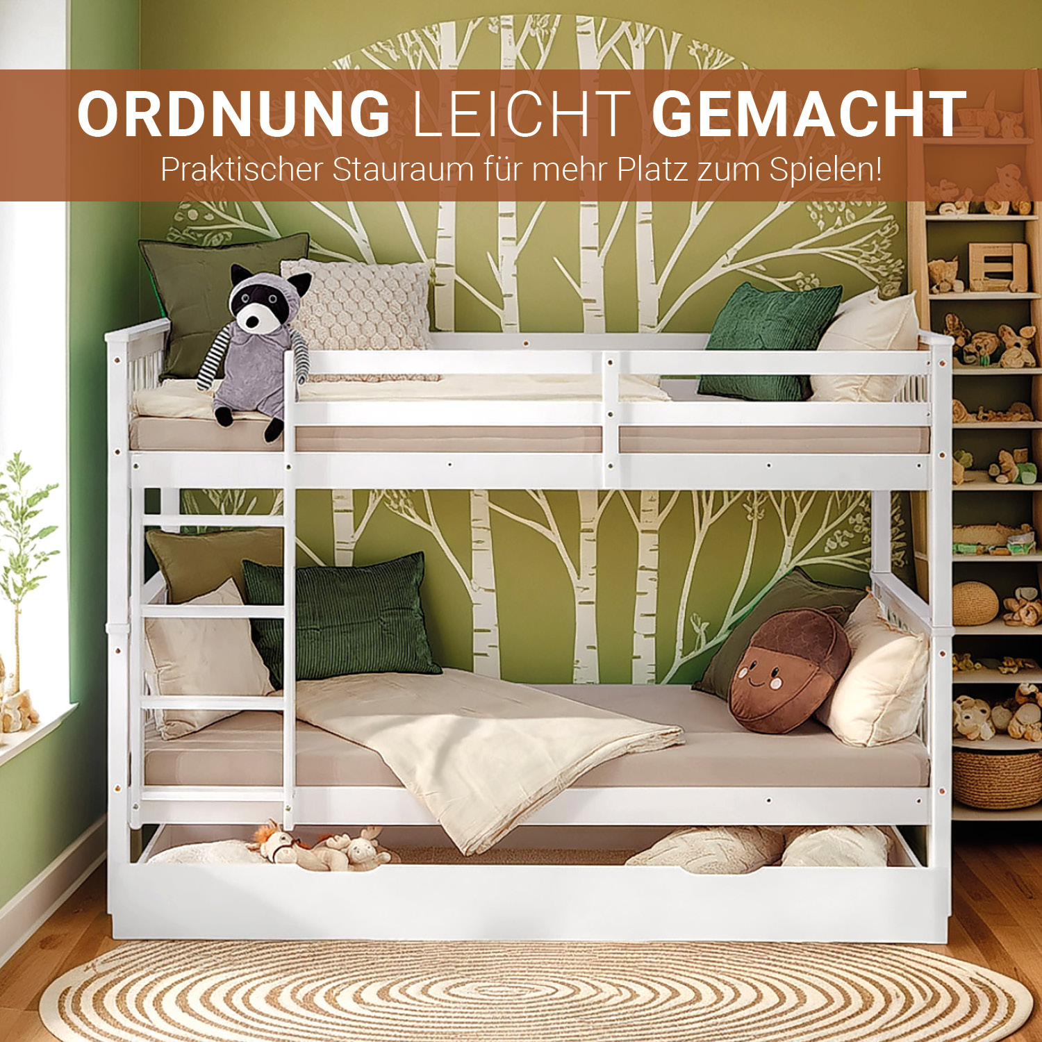 Bunk Bed 90x200 cm White | Kids Bed with Mattress | Storage | Fall Protection | Convertible | Massif pine wood