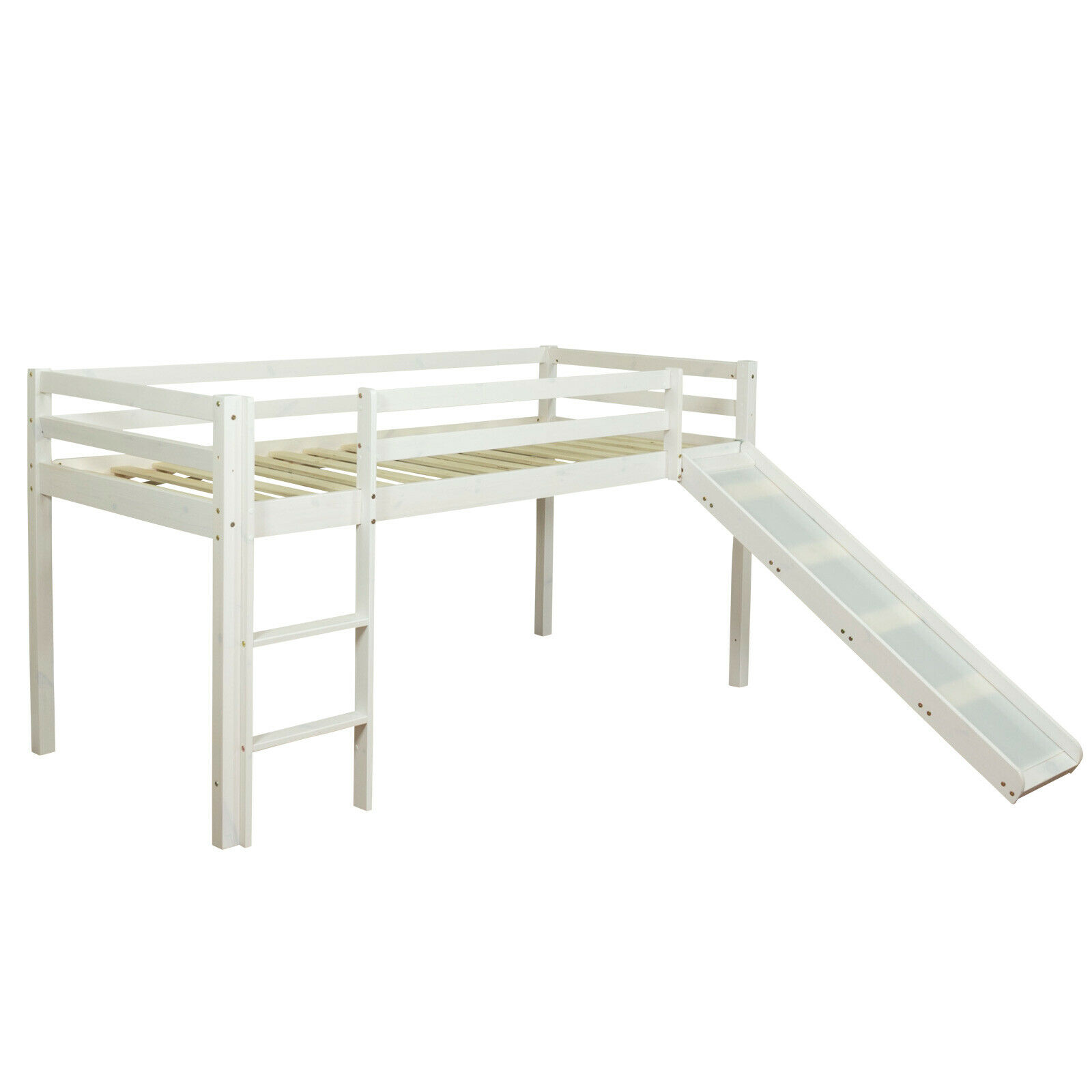 Loft Bed Kids 90x200 cm White with Curtain in Blue | Slide | without Slatted Frame Loft Bed Kids 90x200 cm White with Curtain in Blue | Tunnel | Slide | without Slatted Frame