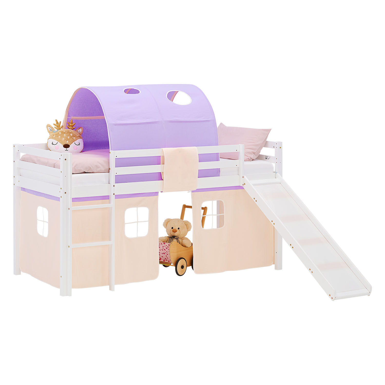 Kinderhochbett in Lila mit Elementen aus Kiefernholz, Lattenrost, Matratze, Rutsche, Spieltunnel und Spielvorhang. Das weiße Hochbett ist mit Matratze und Kissen vor weißem Hintergrund abgebildet. Sichtbar sind eine Leiter, seitliche Schutzgitter, ein Spi