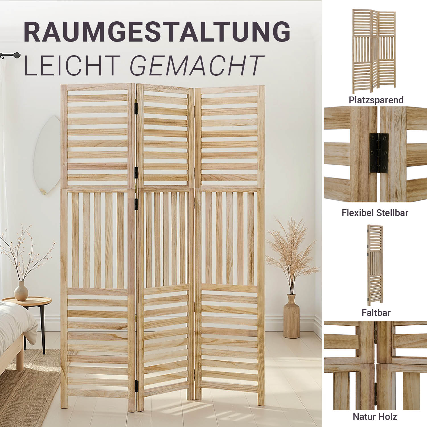 Paravent Natural Wooden Slats | 3-panel | Wood | Room Divider Partition Privacy Screen