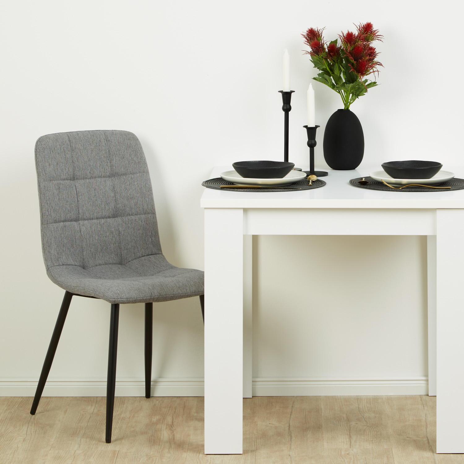 White 80x80 cm dining set + 2 gray upholstered chairs without armrests – Modern & space-saving