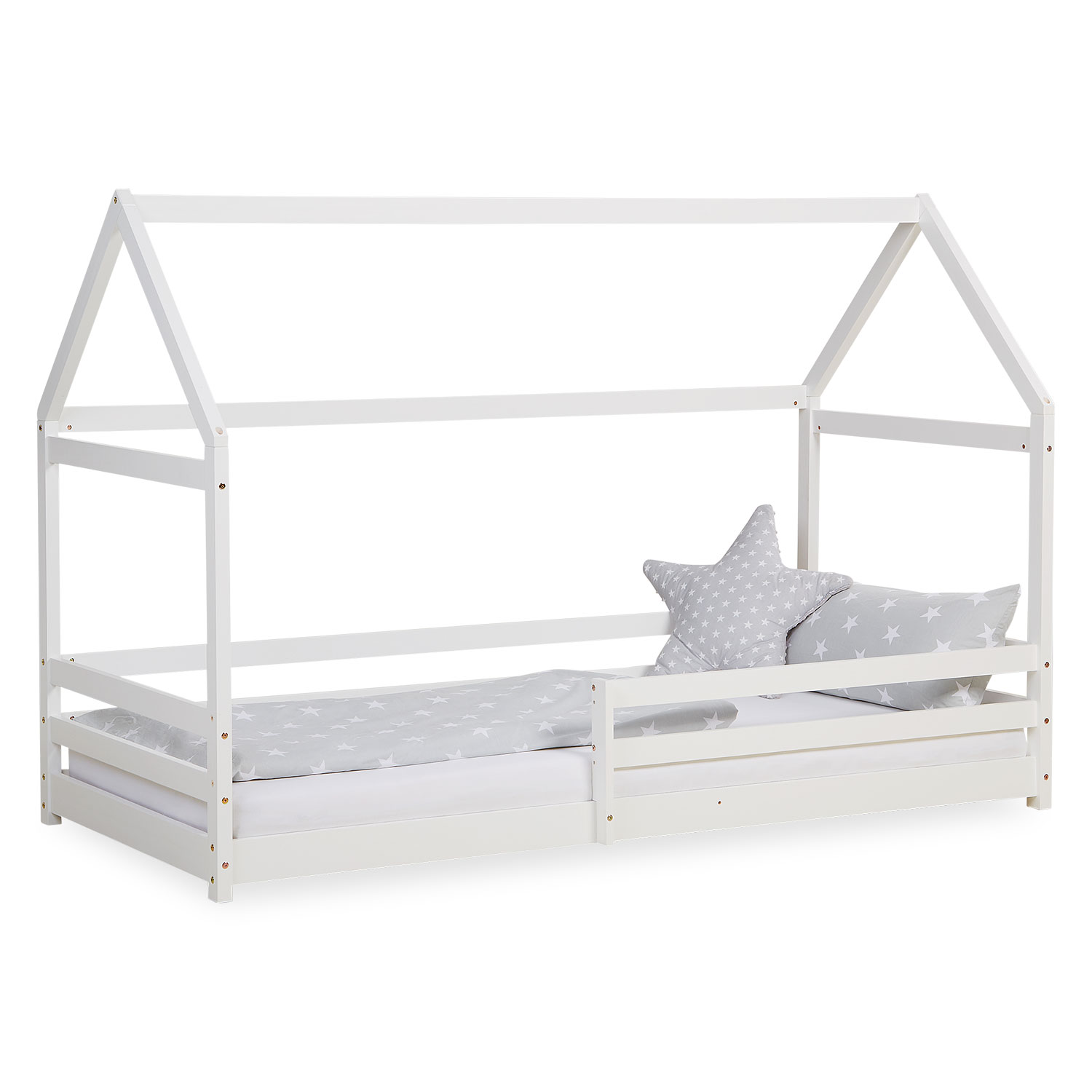 Children's Bed 90x200 cm White | House Bed with Fall Protection | Montessori | Single Bed | with Slatted Frame | Wood