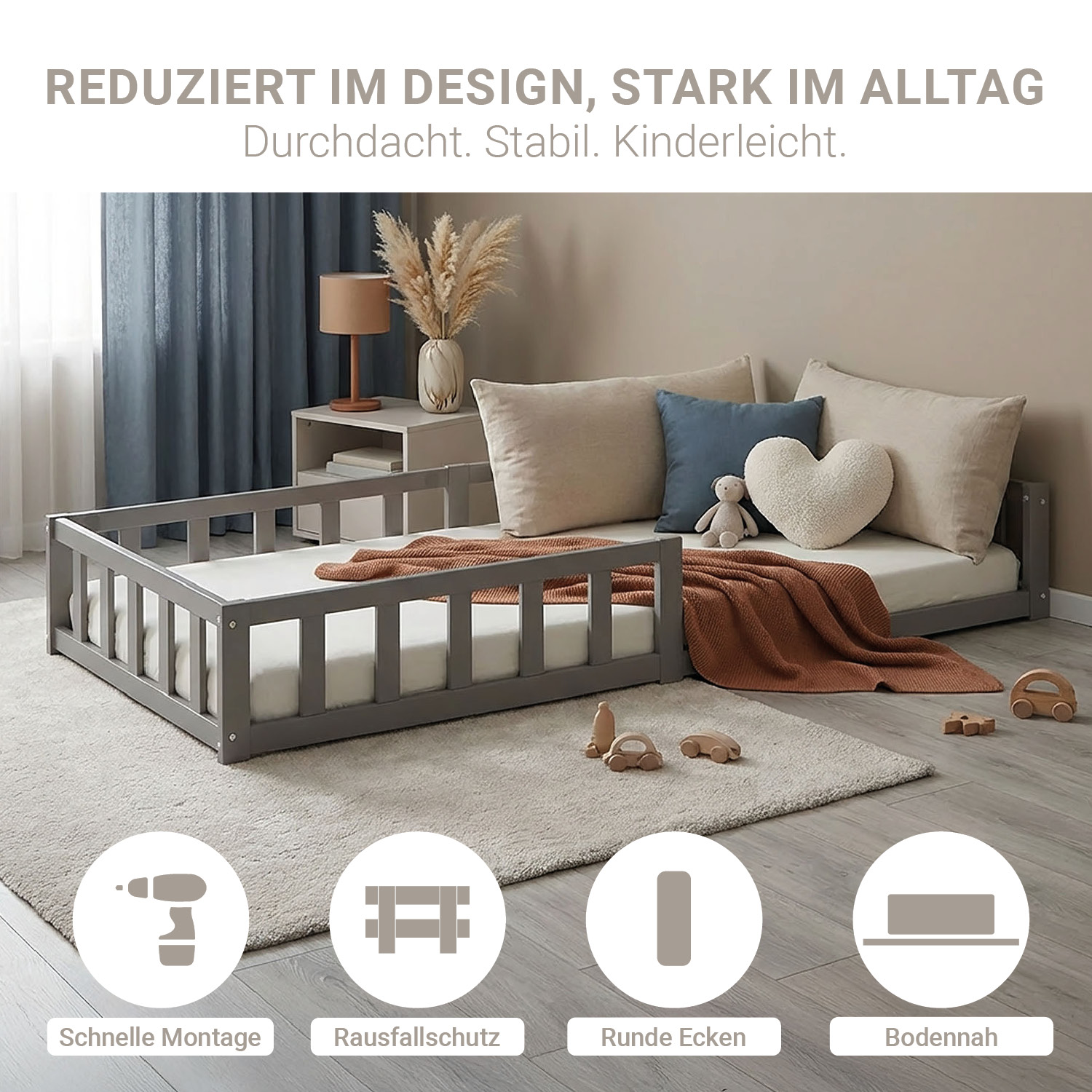 Children's Bed 90x200 Grey | Floor Bed with Slatted Frame | with Fall Protection | Montessori