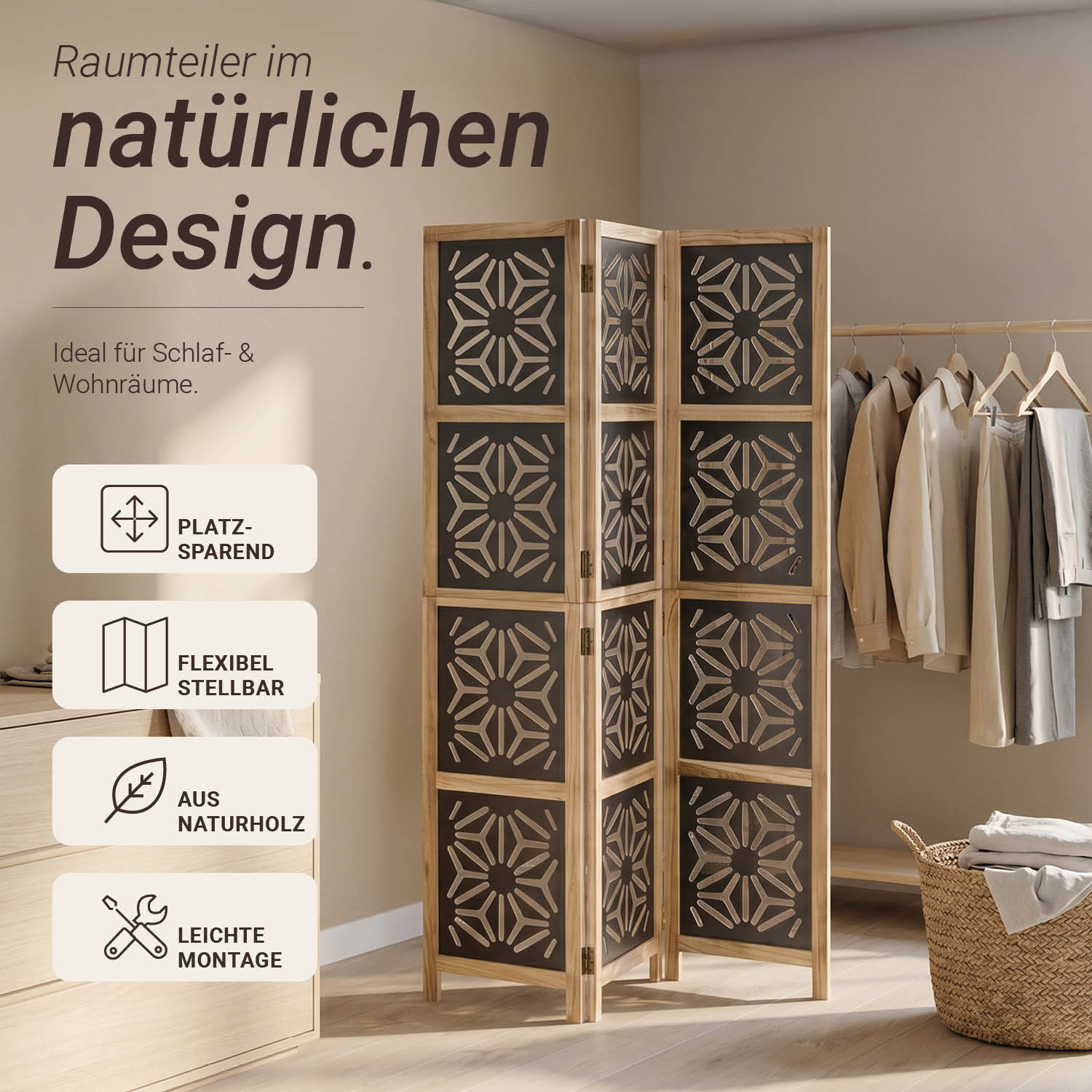 3-Panel "Nature" Folding Screen – Room Divider with Black Accents