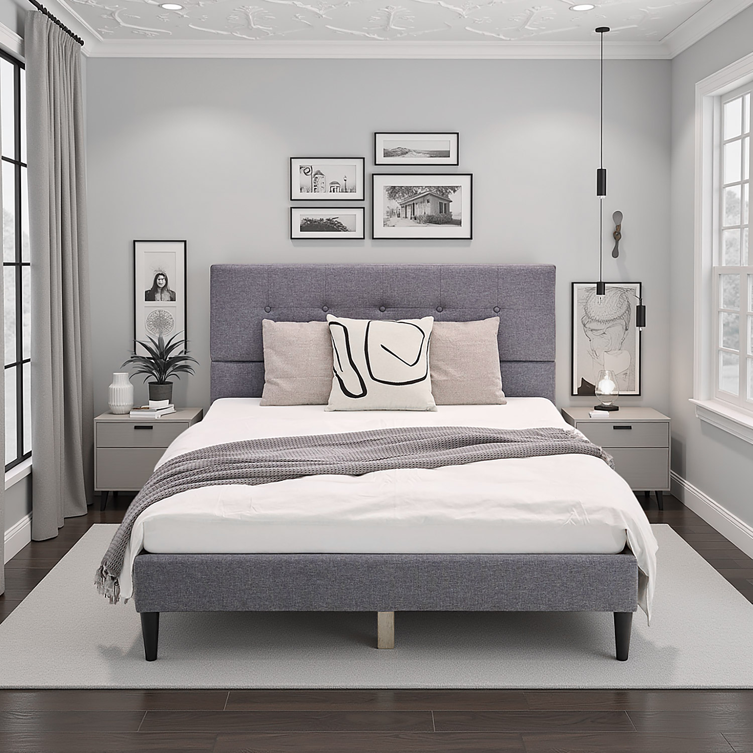 Upholstered Bed 140x200 cm Gray with Slatted Base & Mattress – Modern Fabric Bed for Restful Sleep