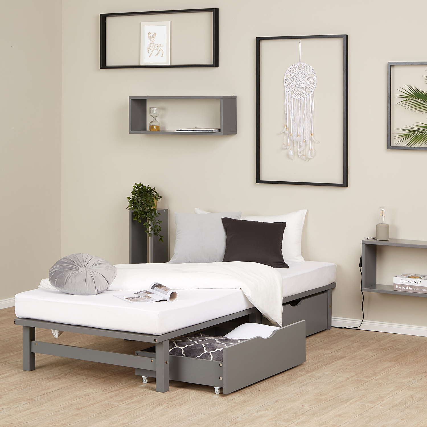 90x200 cm Gray Pallet Bed – Single Wooden Bed with Mattress & Storage Drawers for Teen Rooms, Guest Rooms, and Bedrooms