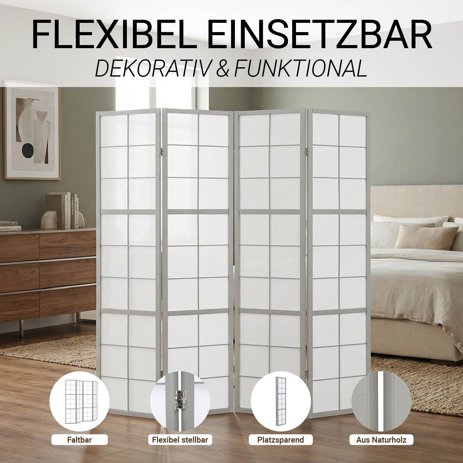 Paravent Raumteiler 3, 4, 5 oder 6 teilig Shoji Raumtrenner Holz Grau Trennwand Sichtschutz Spanische Wand