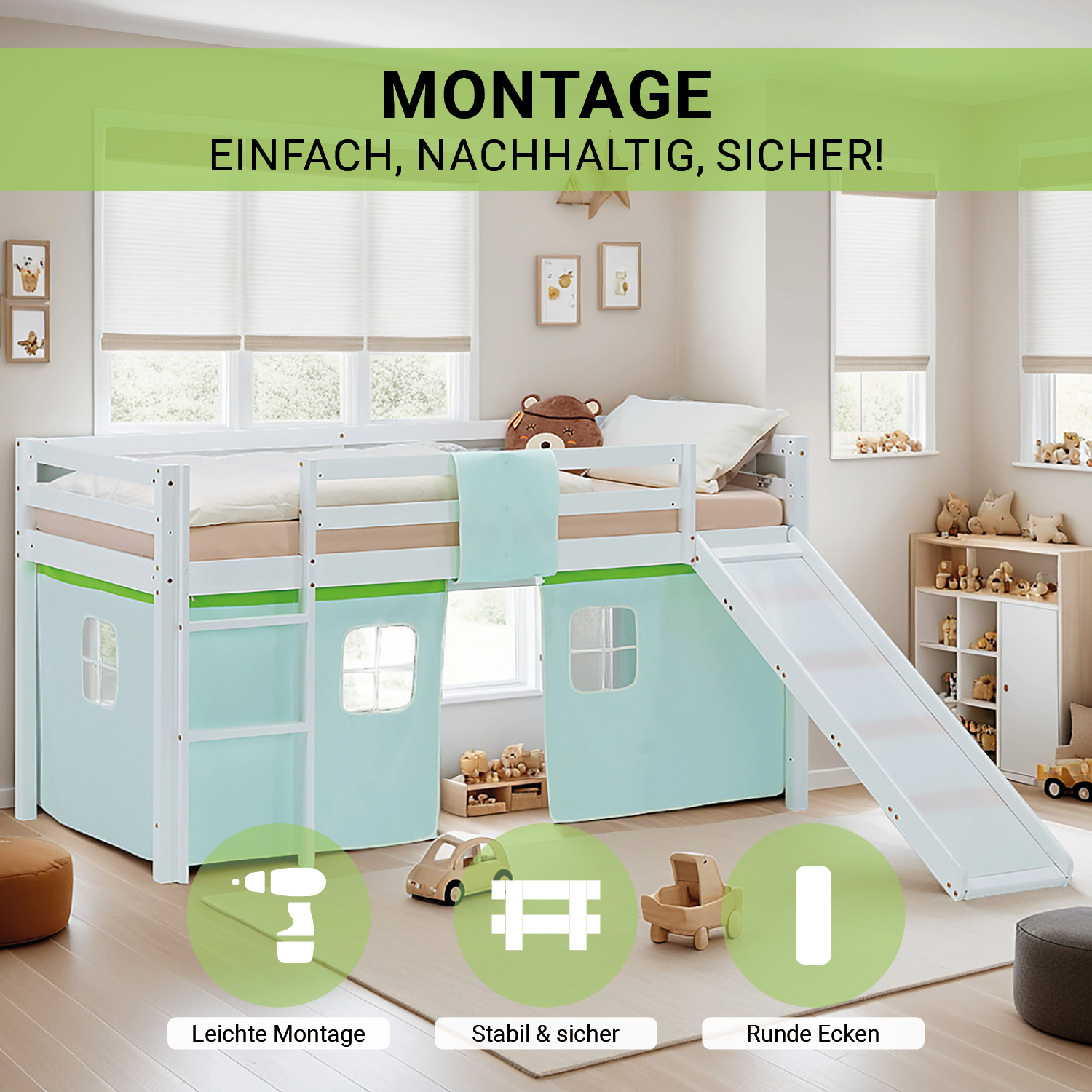 Loft Bed for Kids 90x200 cm White with Curtain in Green | Slide | with Slatted Frame and Mattress