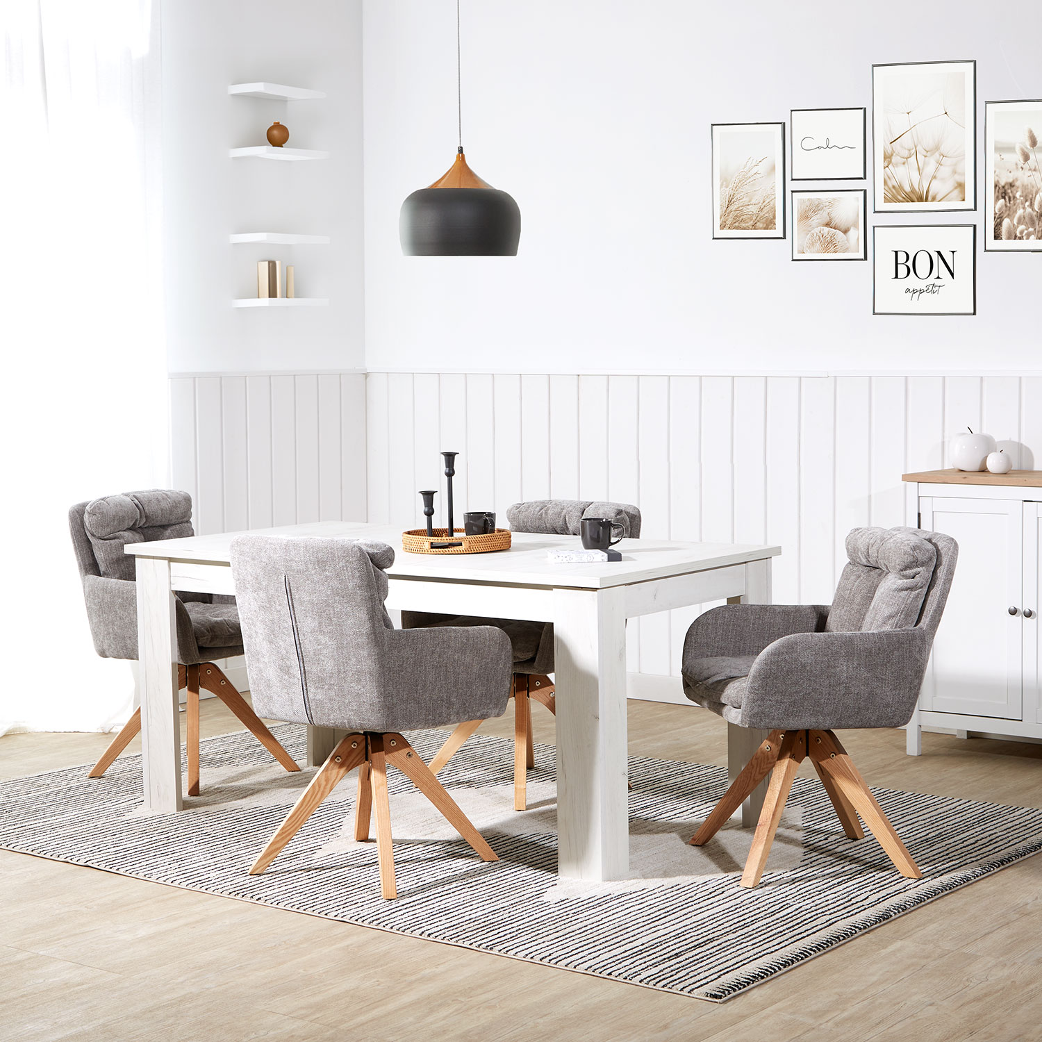 Upholstered Chair Linen Grey with Seat Cushion | Set of 4 | swivel | with Armrests | Kitchen Dining Room Office