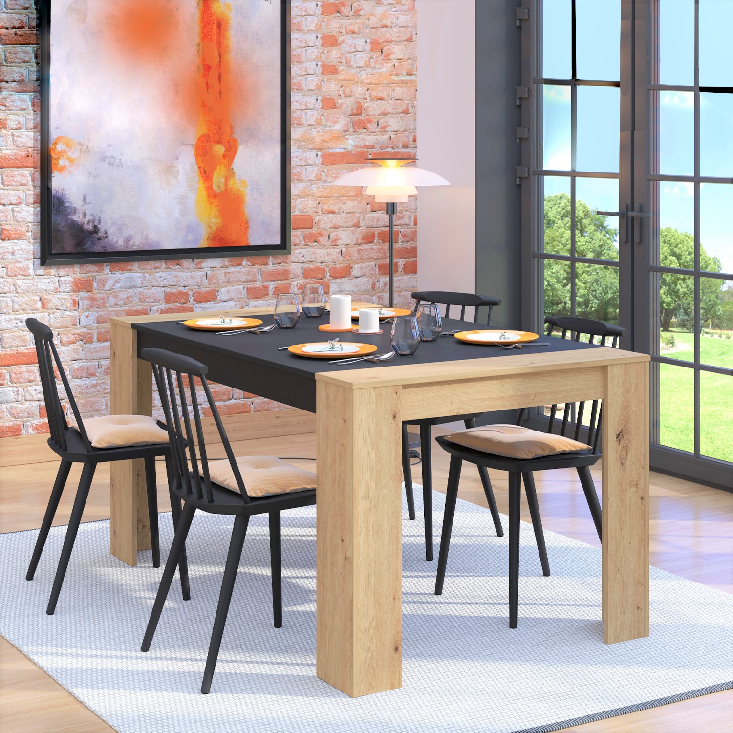 Modern Dining Table 154x90 cm Kitchen Table Wooden Table Oak Black 6 Seater