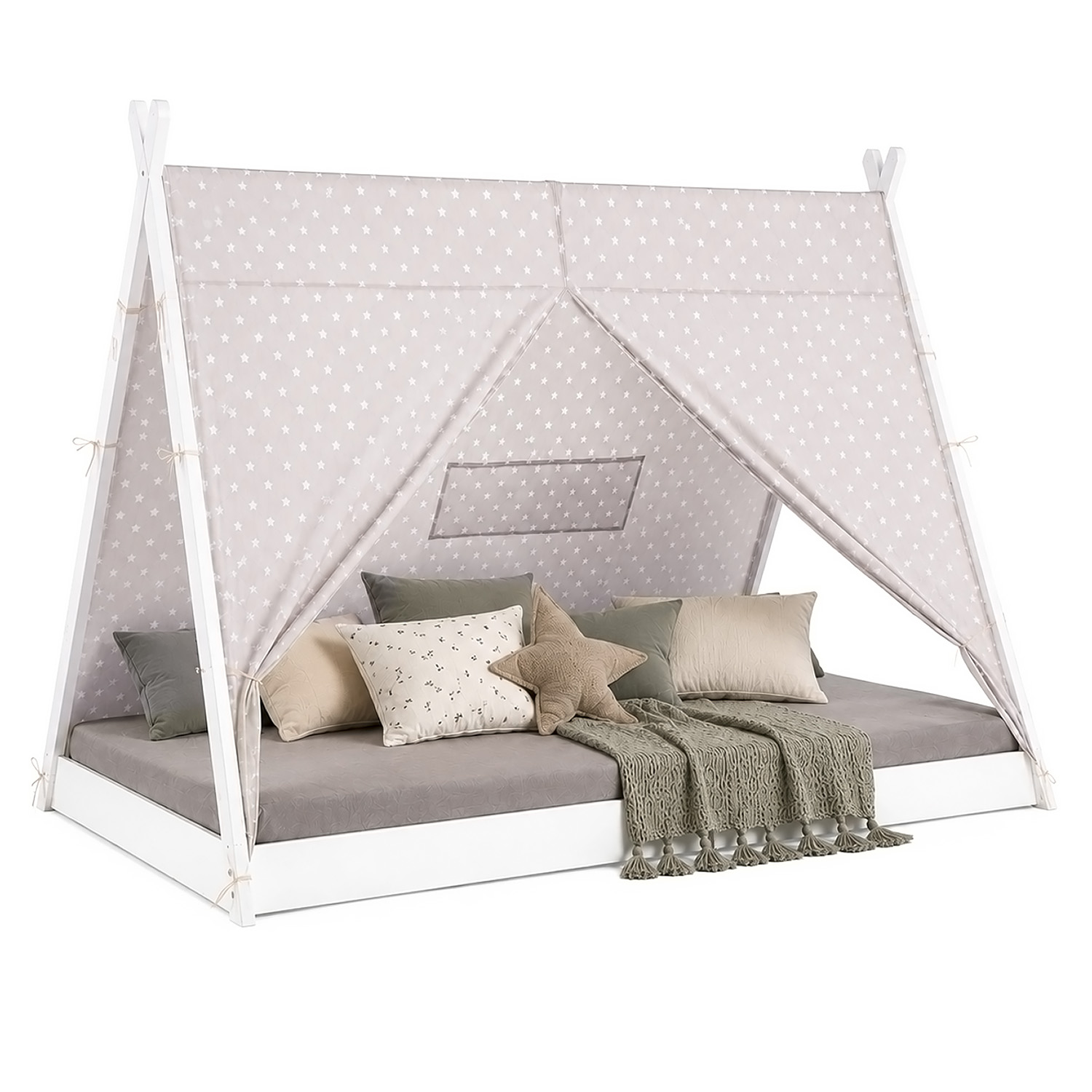 Children's Bed 90x200 cm White Gray Fabric | Tent Bed | Single Bed | with Slatted Frame | Wood