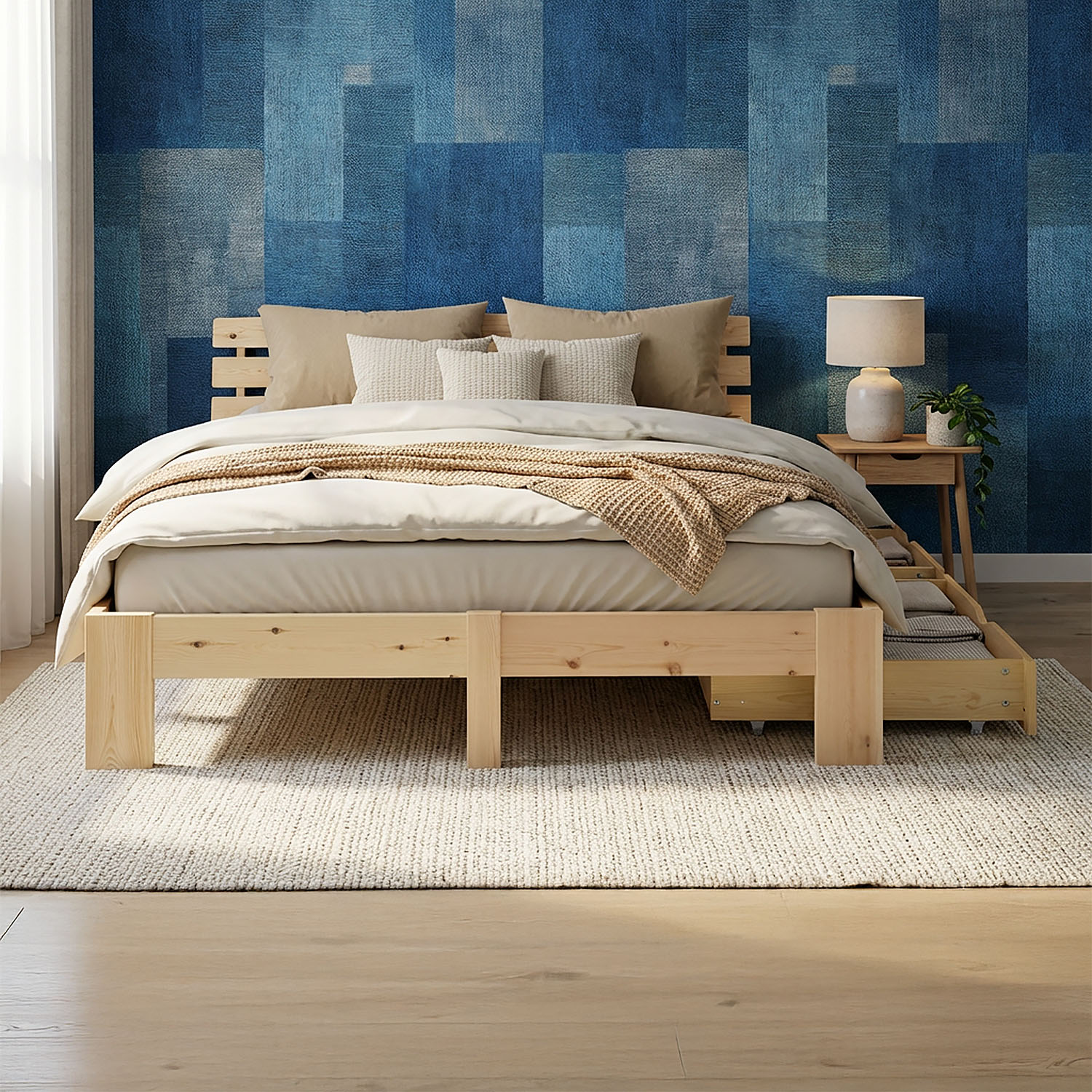 Wood Bed 180x200 cm Natural | Double Bed with Storage 2 Drawers | with Mattress | Solid | Youth Guest Bedroom