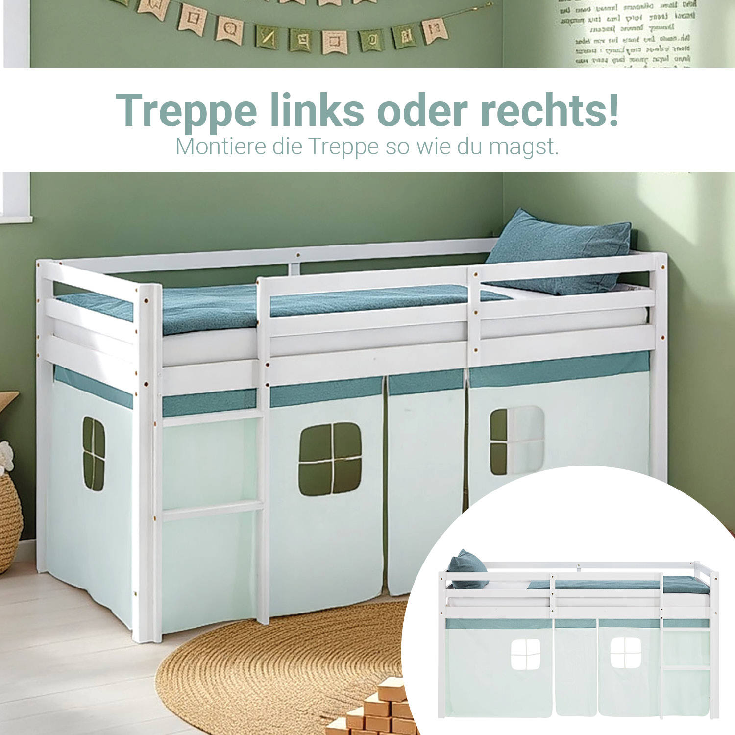 Children's Loft Bed 90x200 cm White with Mint Green Curtain | Includes Slatted Base and Mattress