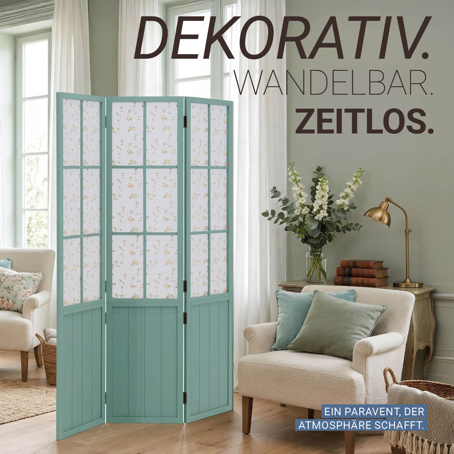 Turquoise Room Divider – 3-panel, country-style with floral pattern & fabric covering
