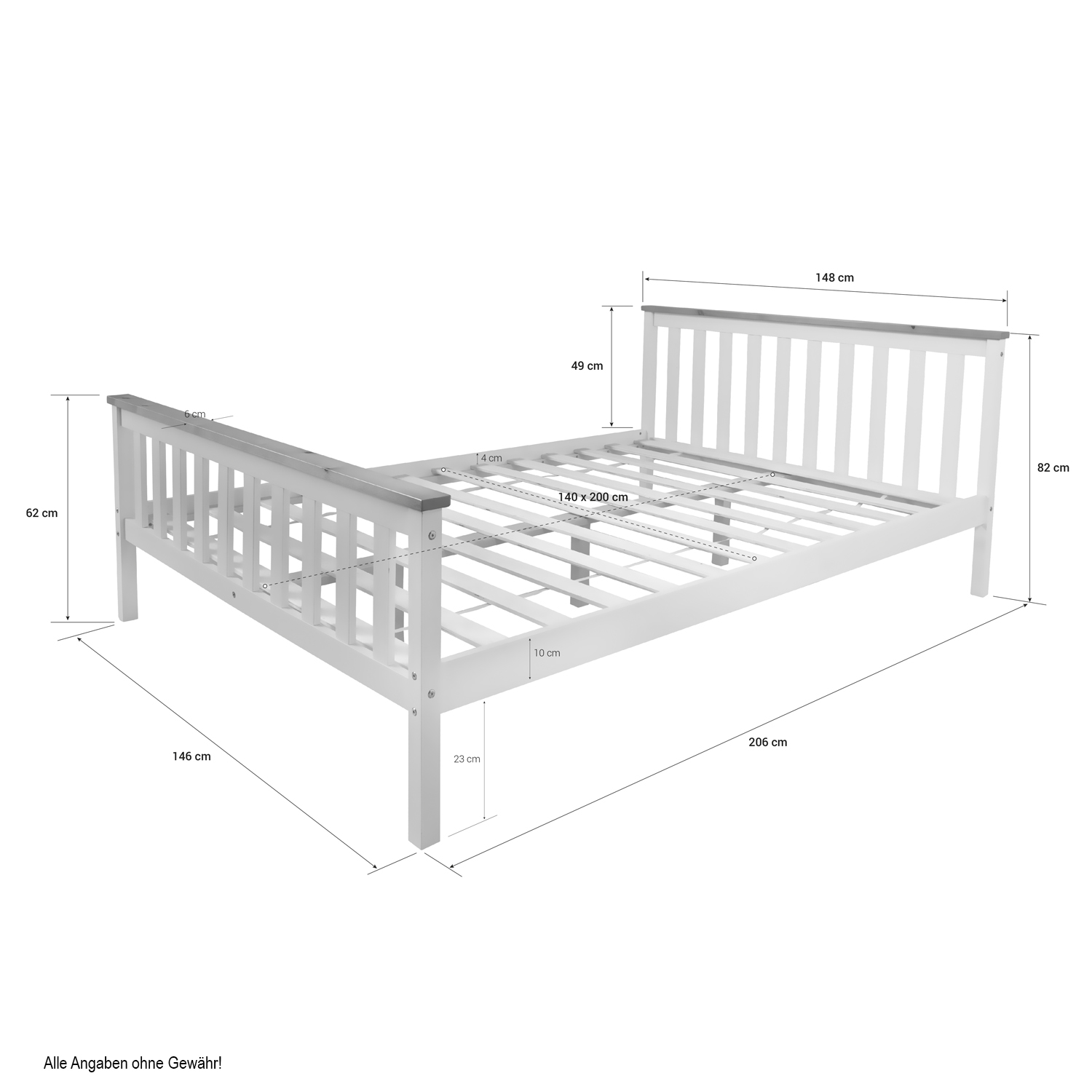Wood Bed 140x200 cm White Natural | Double Bed | with Slatted Frame | Scandinavian Style | Kids Youth Guest Bedroom