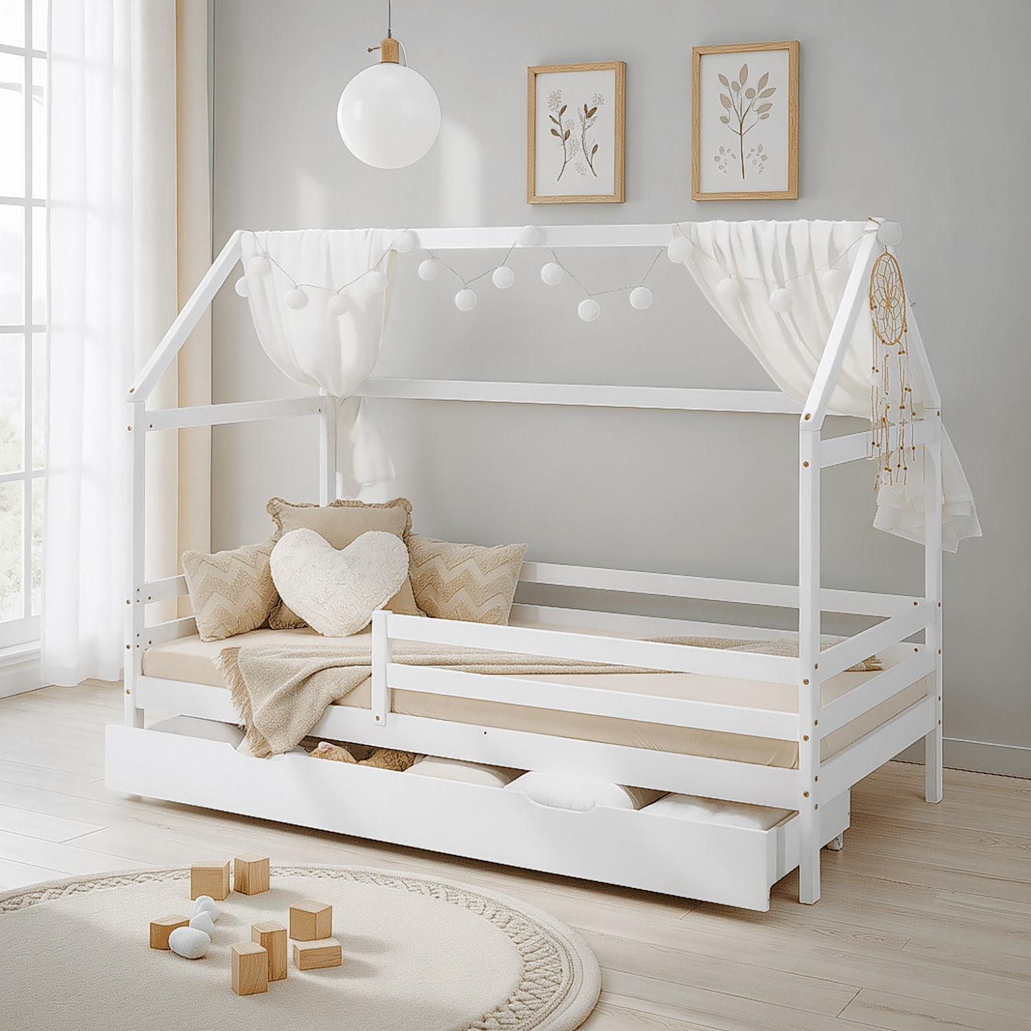 Children's Bed 90x200 cm White | House Bed with Fall Protection and Bed Drawer | Montessori | Single Bed | with Slatted Frame | Wood