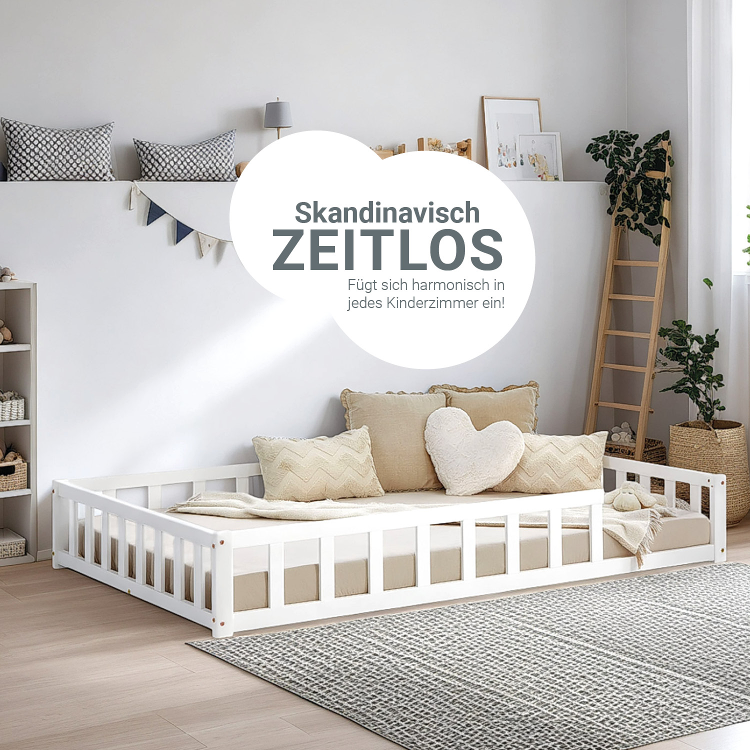 Toddler Floorbed 90x200 or 120x200 cm Montessori Bed with Barriers White Natural Wooden Infant Floor Bed Children's Bed Massif Kids Bed Single Bed Mattress