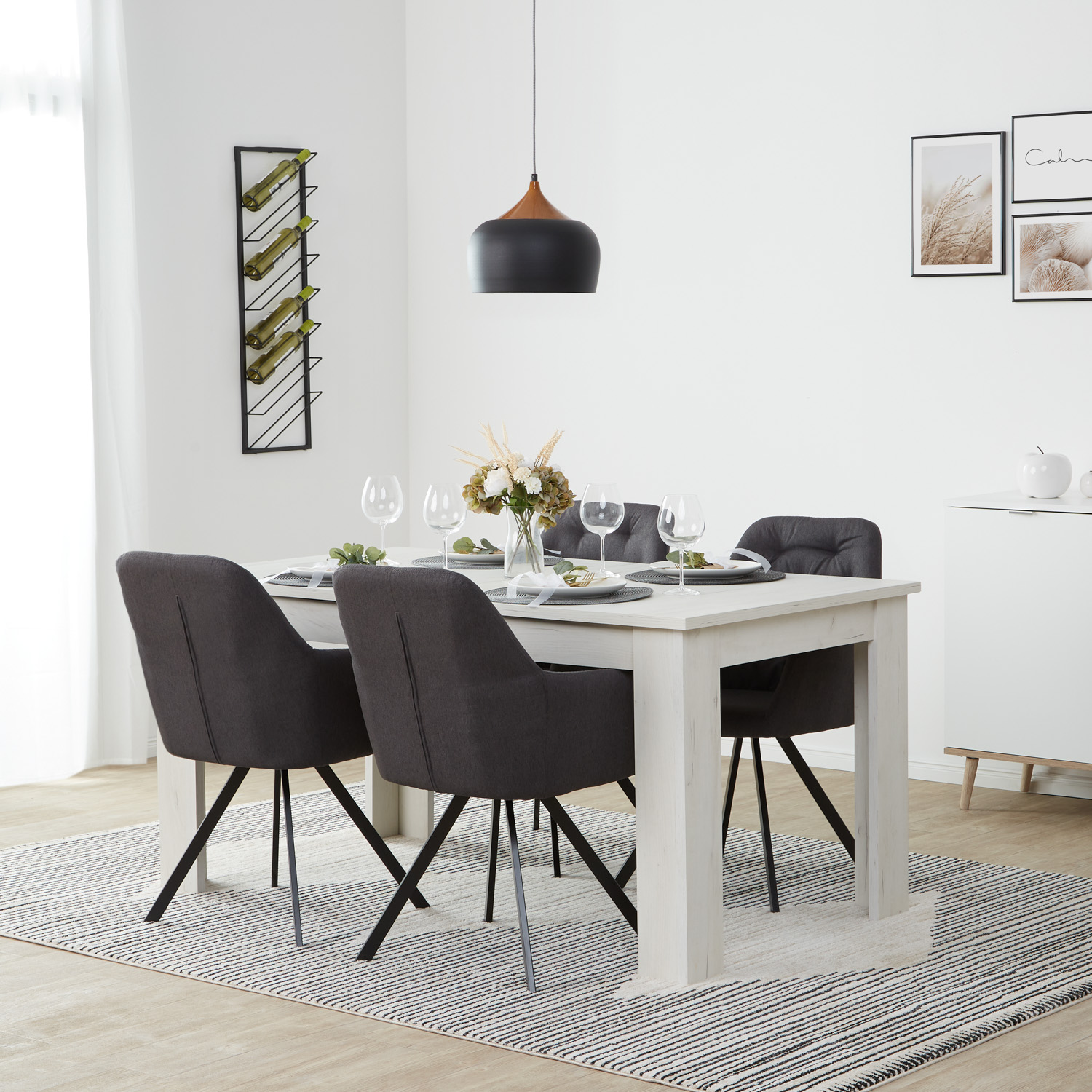 Dining set | 4-piece set upholstered chairs anthracite with armrest | non-swivel | dining table white vintage 160 x 90 cm | extendable 200 cm