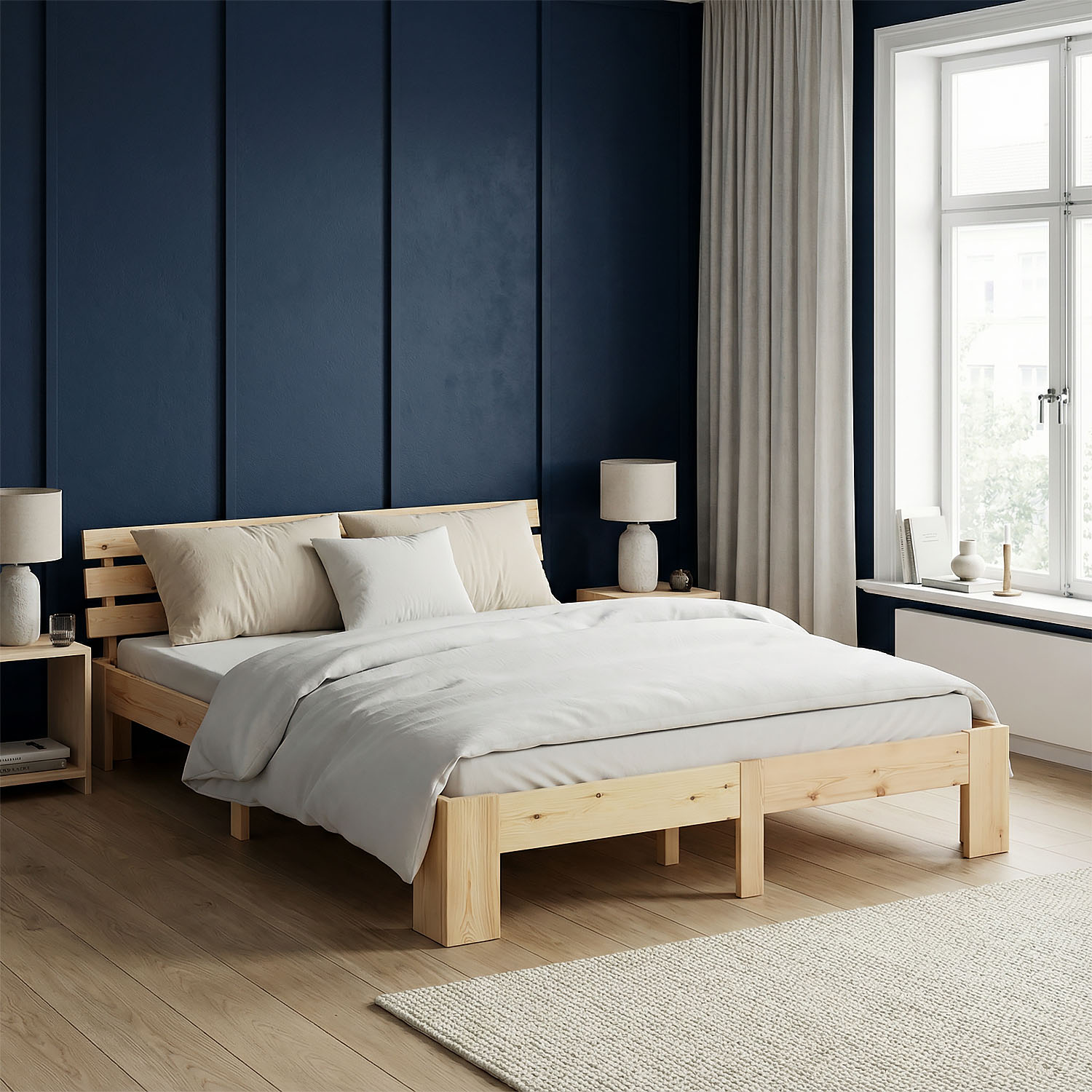 Wood Bed 180x200 cm Natural | Double Bed | with Spring Mattress | Solid | Youth Guest Bedroom