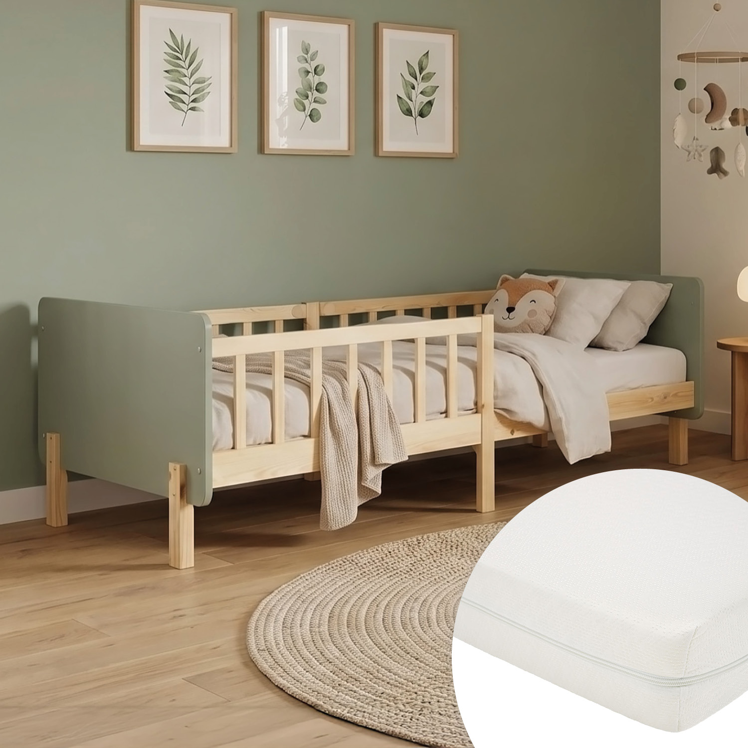 Single bed 90x200 cm Green with Mattress Wooden Bed frame Toddler bed with safety rail Kids bed Childrens bed Slatted frame
