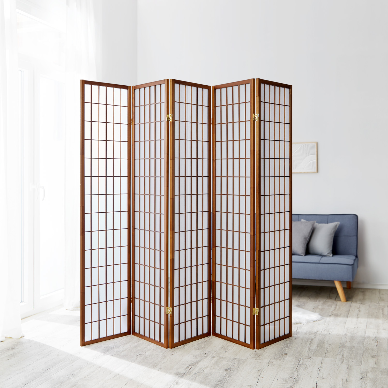 Light Brown Folding Screen – 5-panel wooden screen with Shoji rice paper