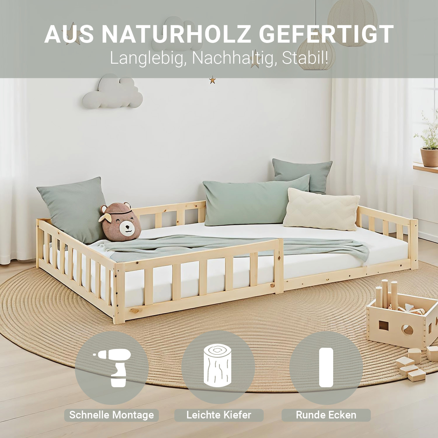 Children's Bed 120x200 Natural | Floor Bed with Slatted Frame | with Fall Protection | Montessori