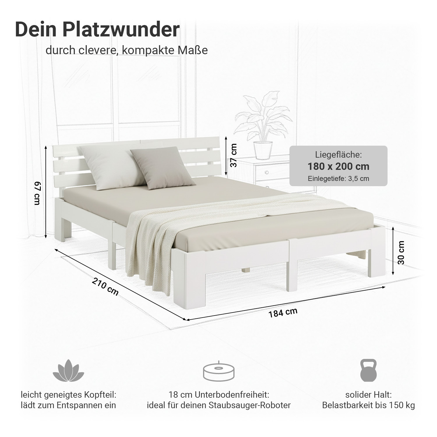 Wooden Bed 180x200 cm White | Double Bed | With Slatted Base | Solid Wood | Children's, Teen's, or Guest Bedroom