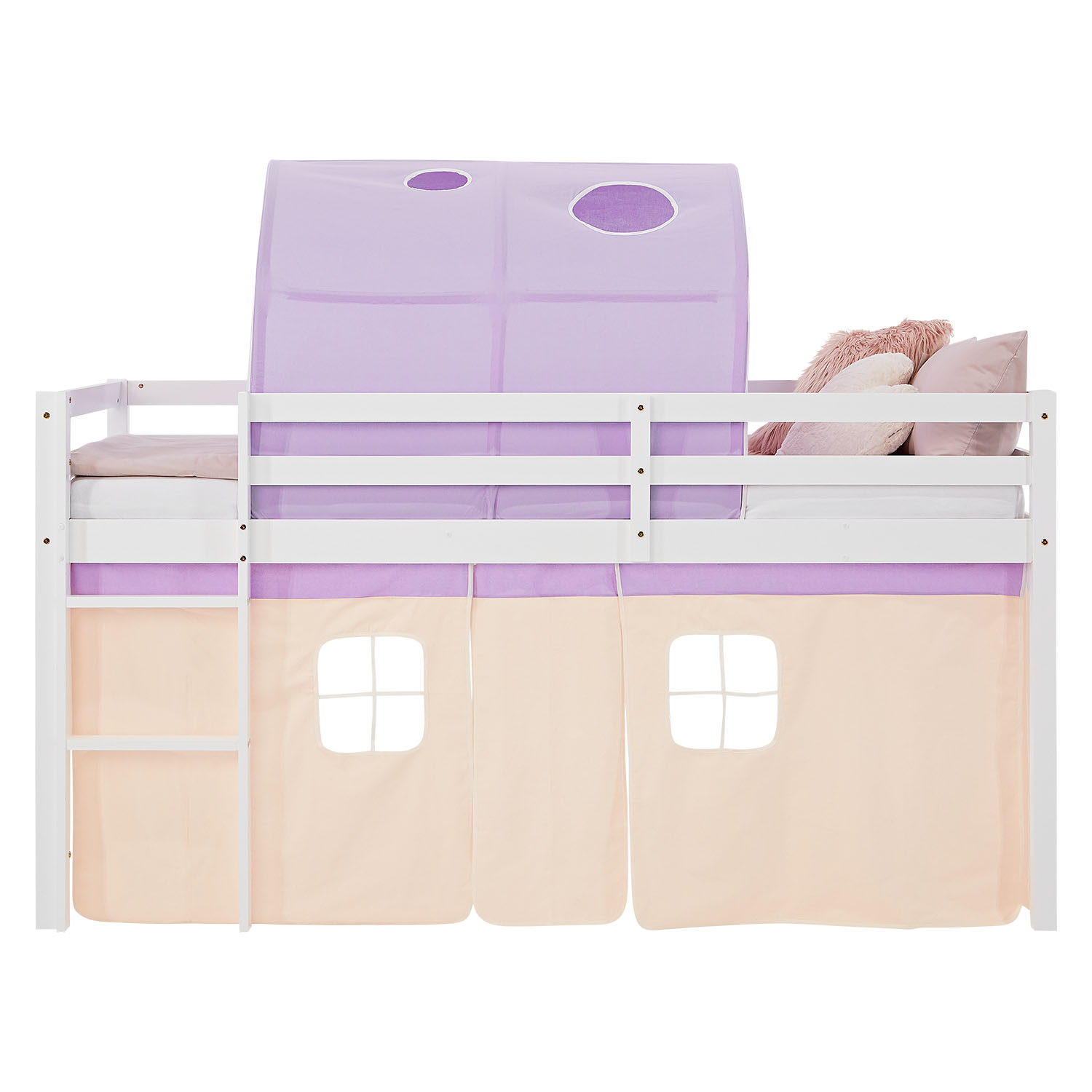 Children's Loft Bed 90x200 cm, White with Purple-Beige Curtain | Tunnel | Includes Slatted Base and Mattress