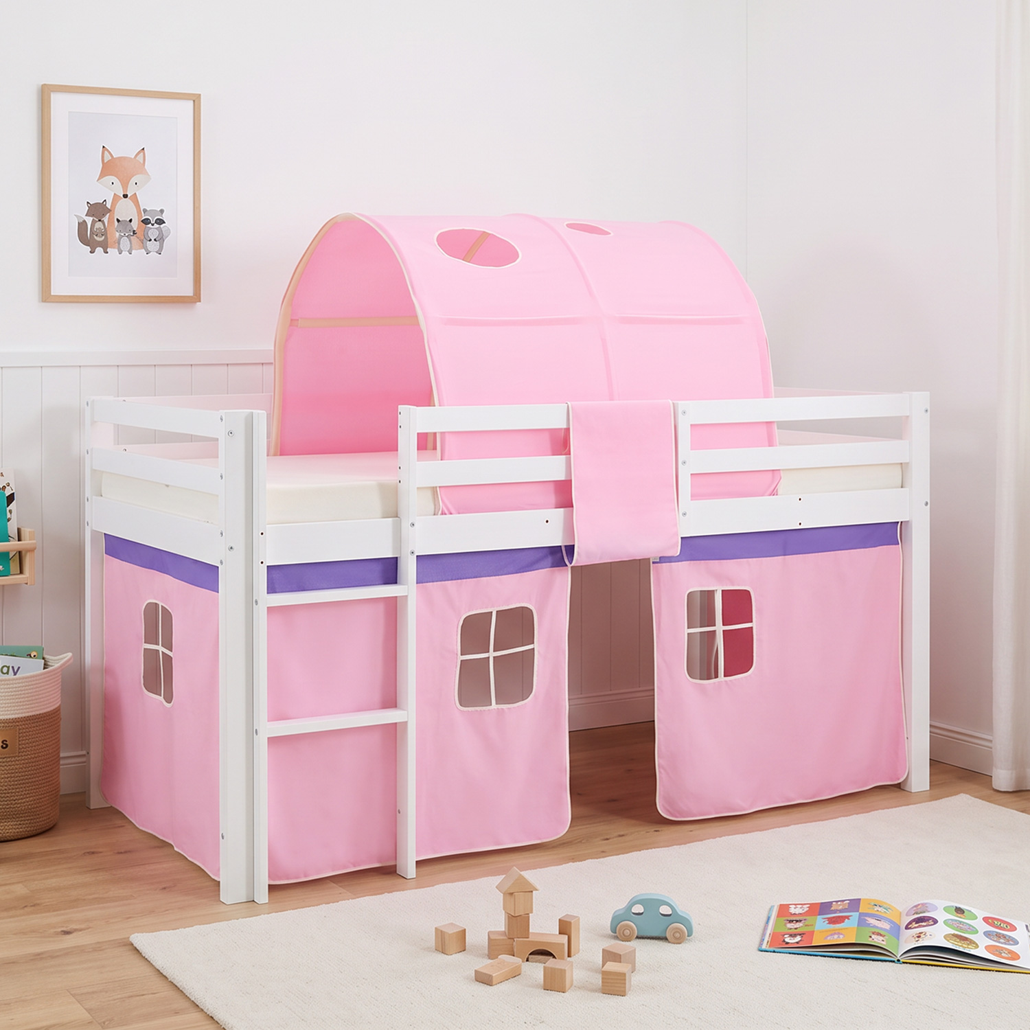 Children's Loft Bed 90x200 cm White with Pink Curtain | Tunnel | Without Slatted Base
