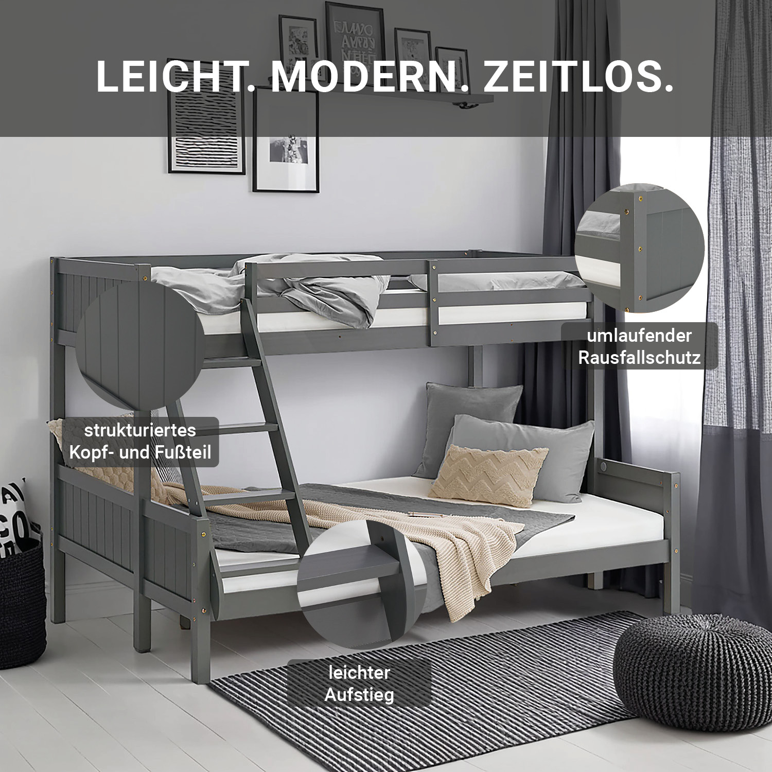 Bunk Bed with 2 Mattresses 90x200 and 140x200 cm Kids Bed Grey Wood Cabin Bed High Sleeper Bed Loft Bed Childrens Bed Twin Bed