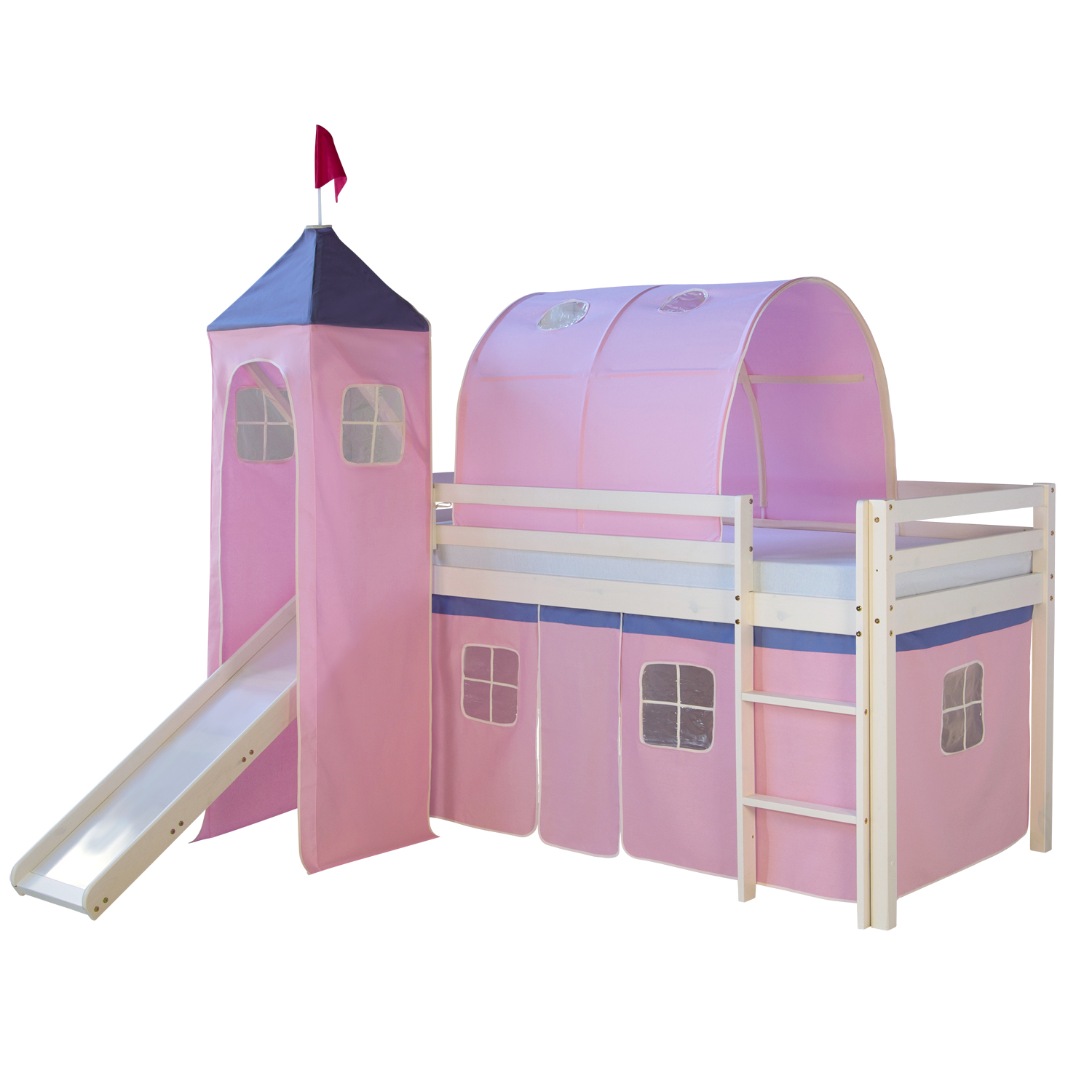 Loft Bed Kids 90x200 cm White with Curtain Pink | Tunnel | Tower | Slide | without Slatted Frame