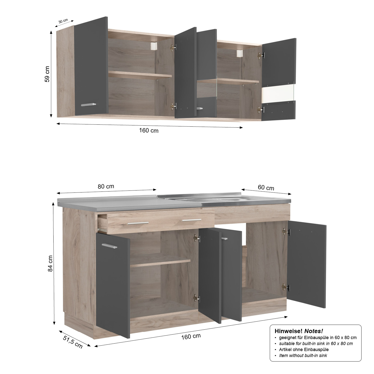 160 cm Gray Oak Kitchen Unit – Modern Kitchen Unit Without Appliances, Featuring Storage Space