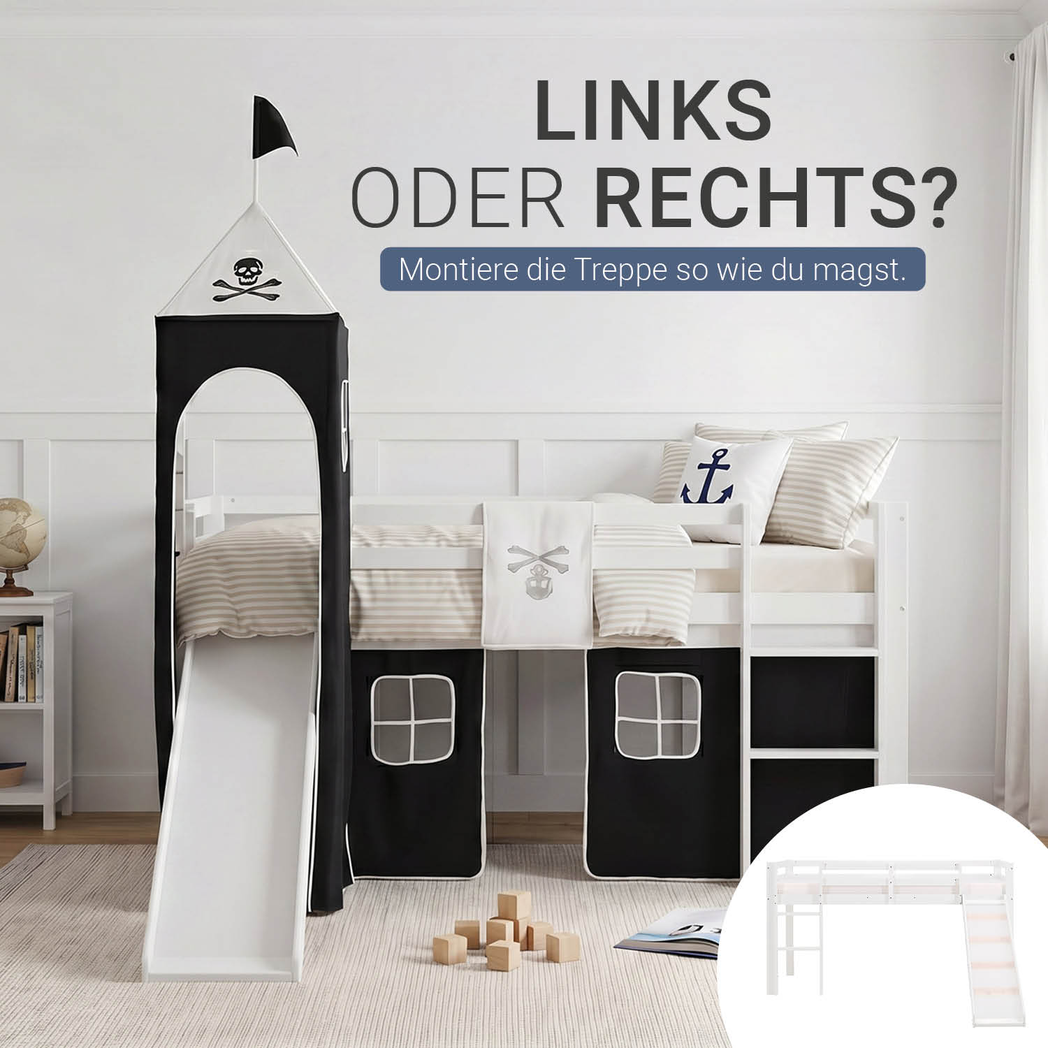 Children's Loft Bed 90x200 cm, White with Black Curtain | Tower | Slide | Without Slatted Base