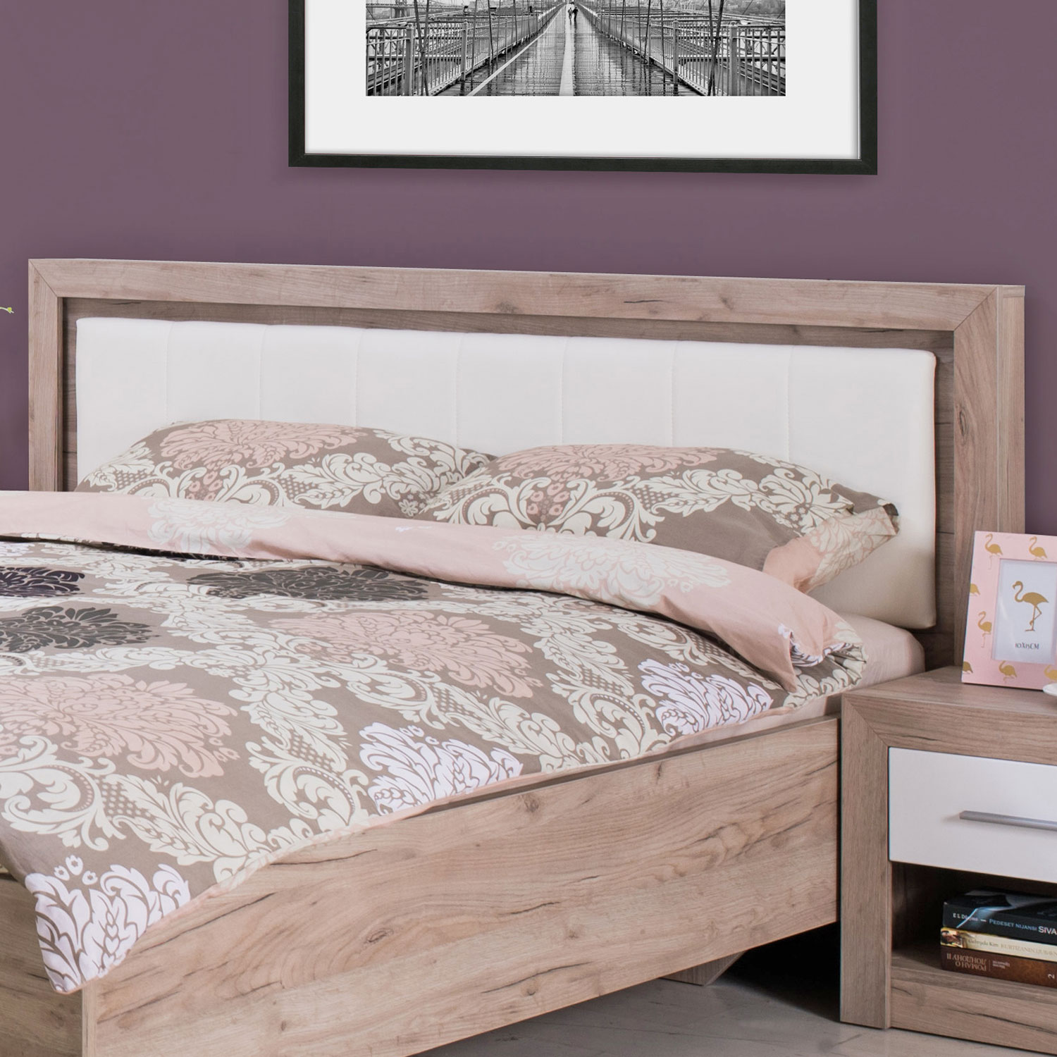 Wooden bed with upholstered headboard 160x200 cm oak und Leder Weiß | with 2 slatted frames | double fabric bed