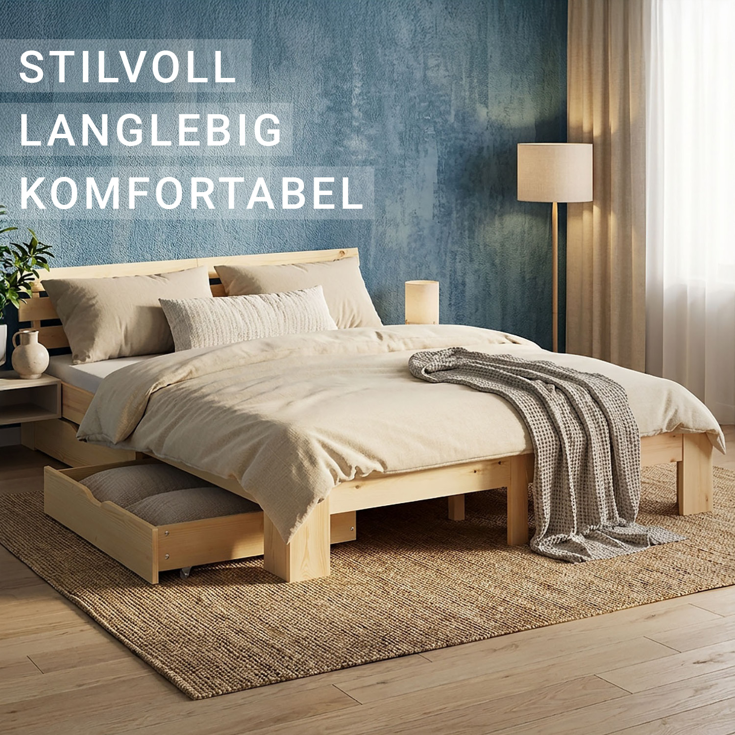 Wood Bed 180x200 cm Natural | Double Bed | with 2 Spring Mattress | 2 Drawers | Youth Guest Bedroom