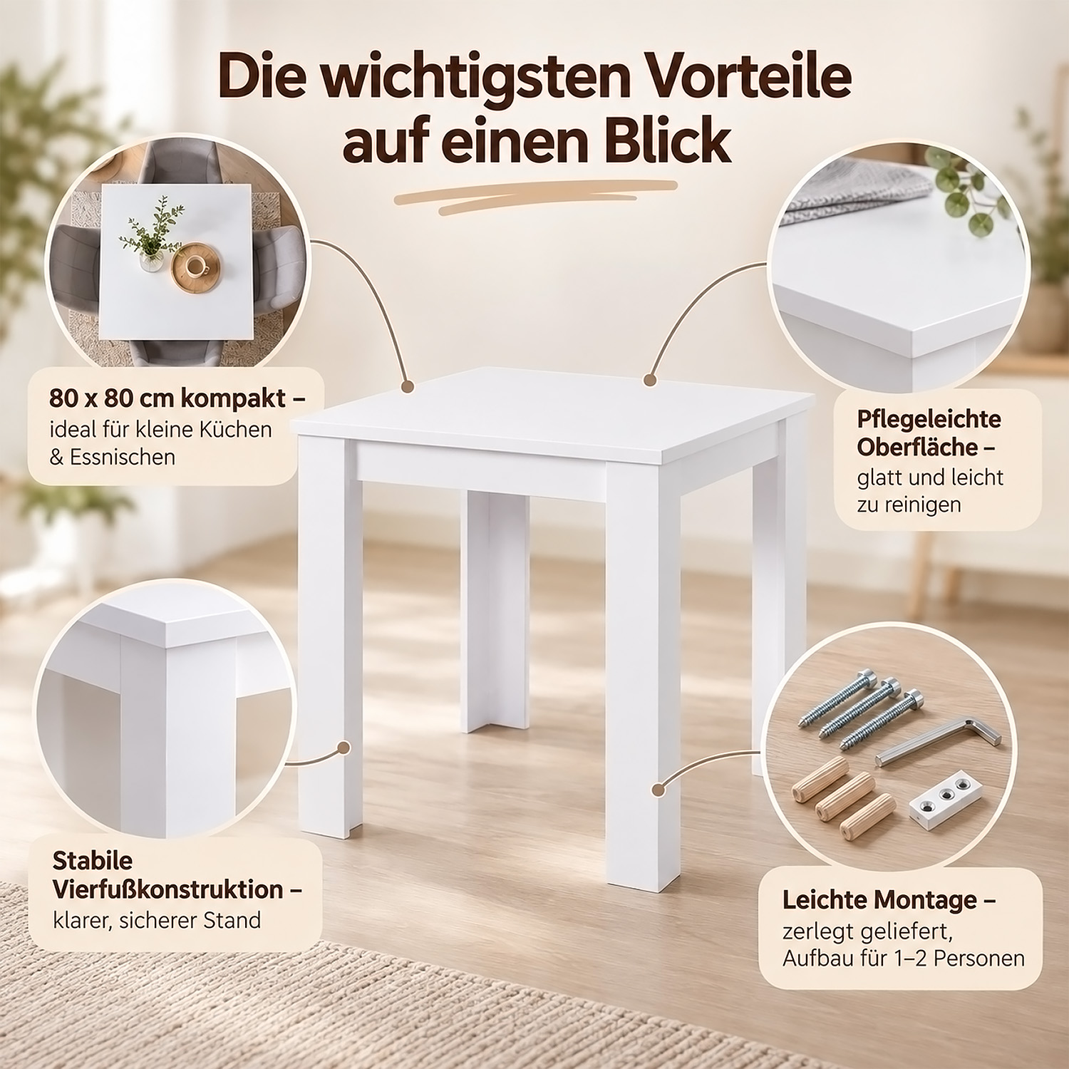 Dining Set (3-Piece): 80x80 cm white dining table with 2 grey plastic chairs and wooden legs