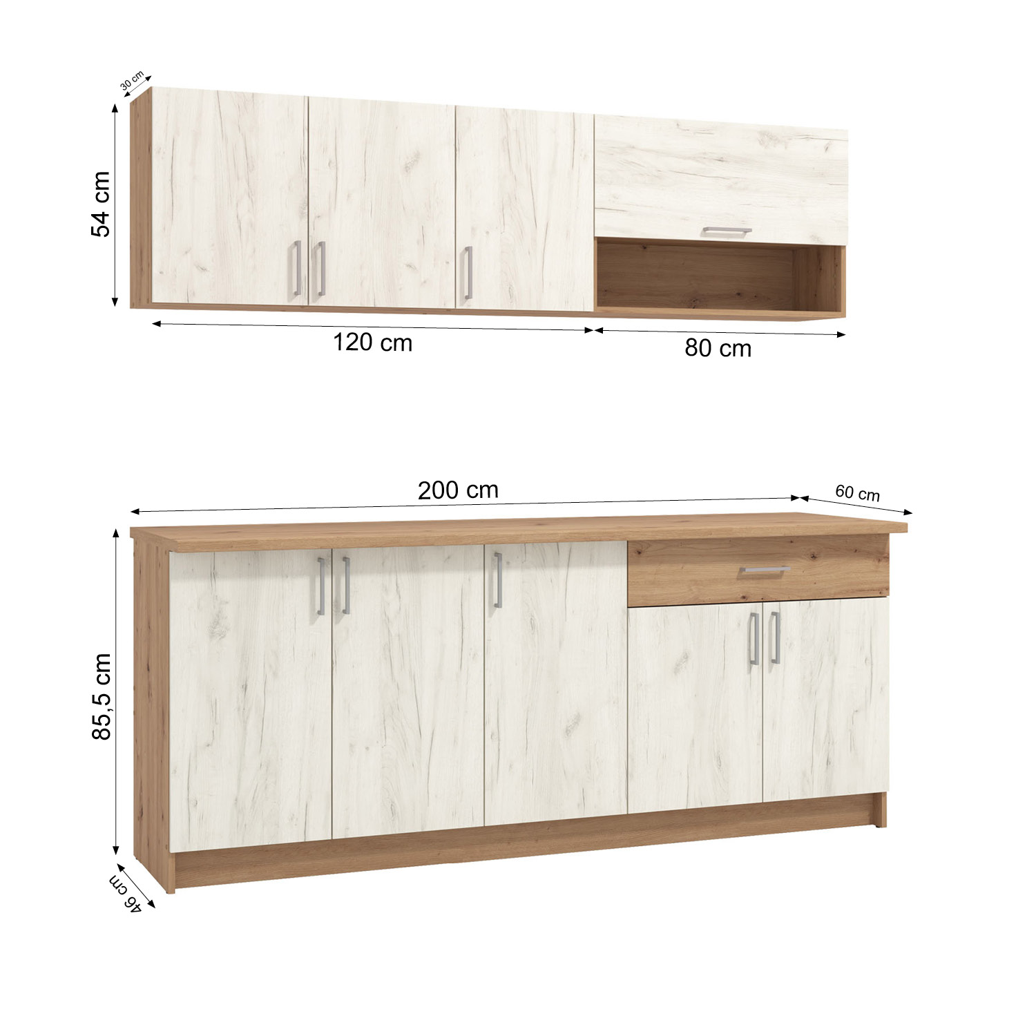 Kitchen Unit without Appliances 200 cm White Shabby | Oak | Single Kitchen | Mini Kitchen | Built-in Kitchen