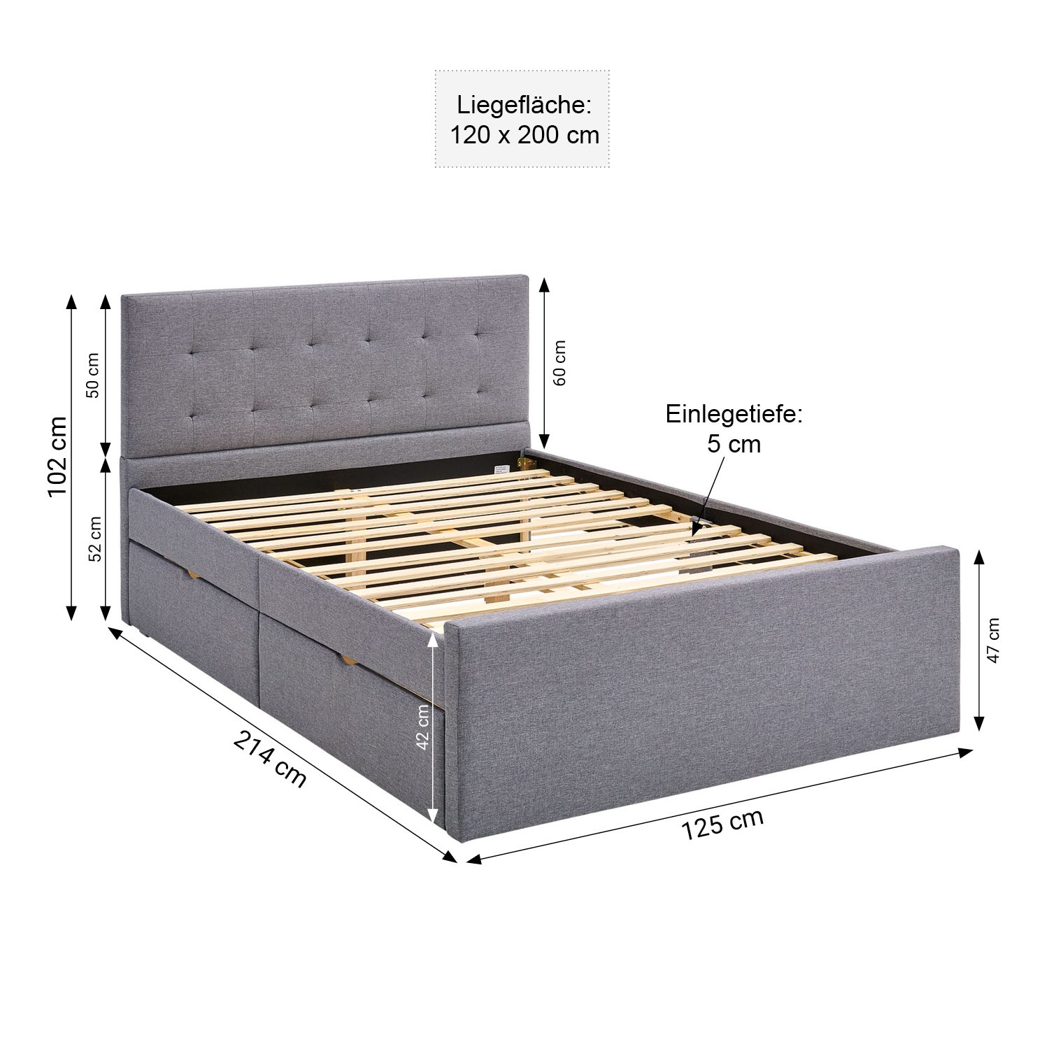 Modern bedroom featuring a grey upholstered bed with a tall headboard and footboard, including built-in storage drawers ? stylish and functional design.