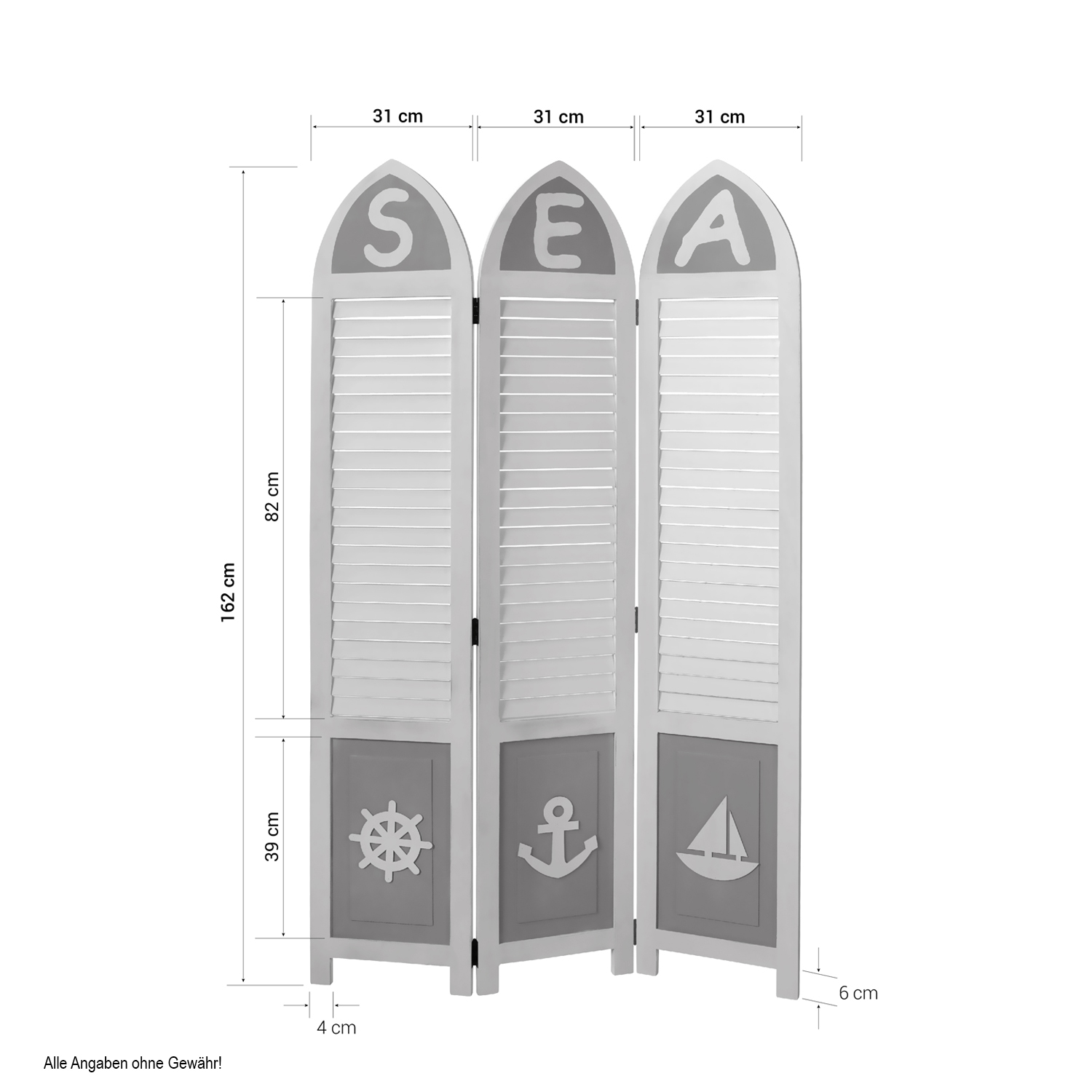 Paravent White Maritime Motifs | 3-panel | Wood | Room Divider Partition Privacy Screen