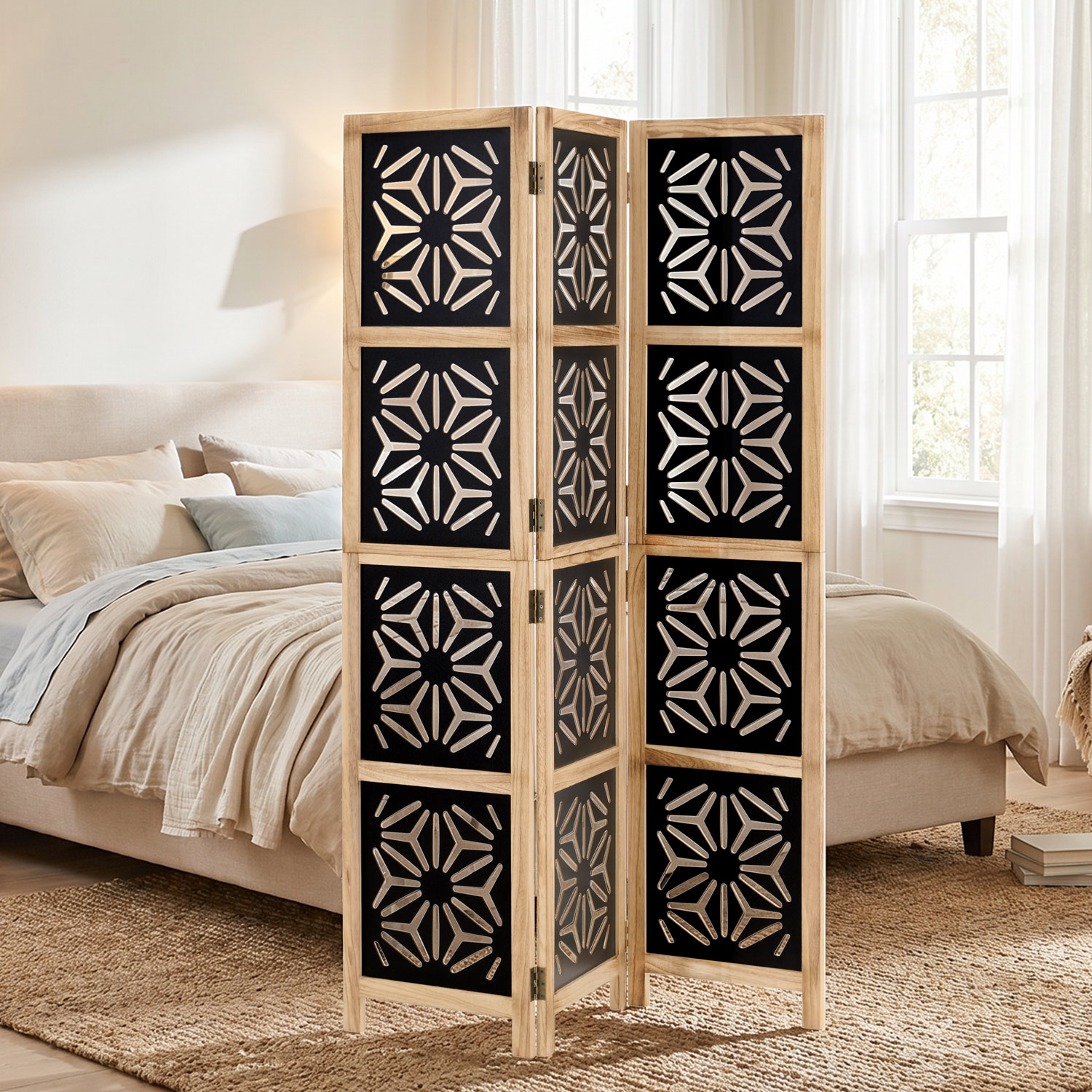 3-Panel "Nature" Folding Screen – Room Divider with Black Accents