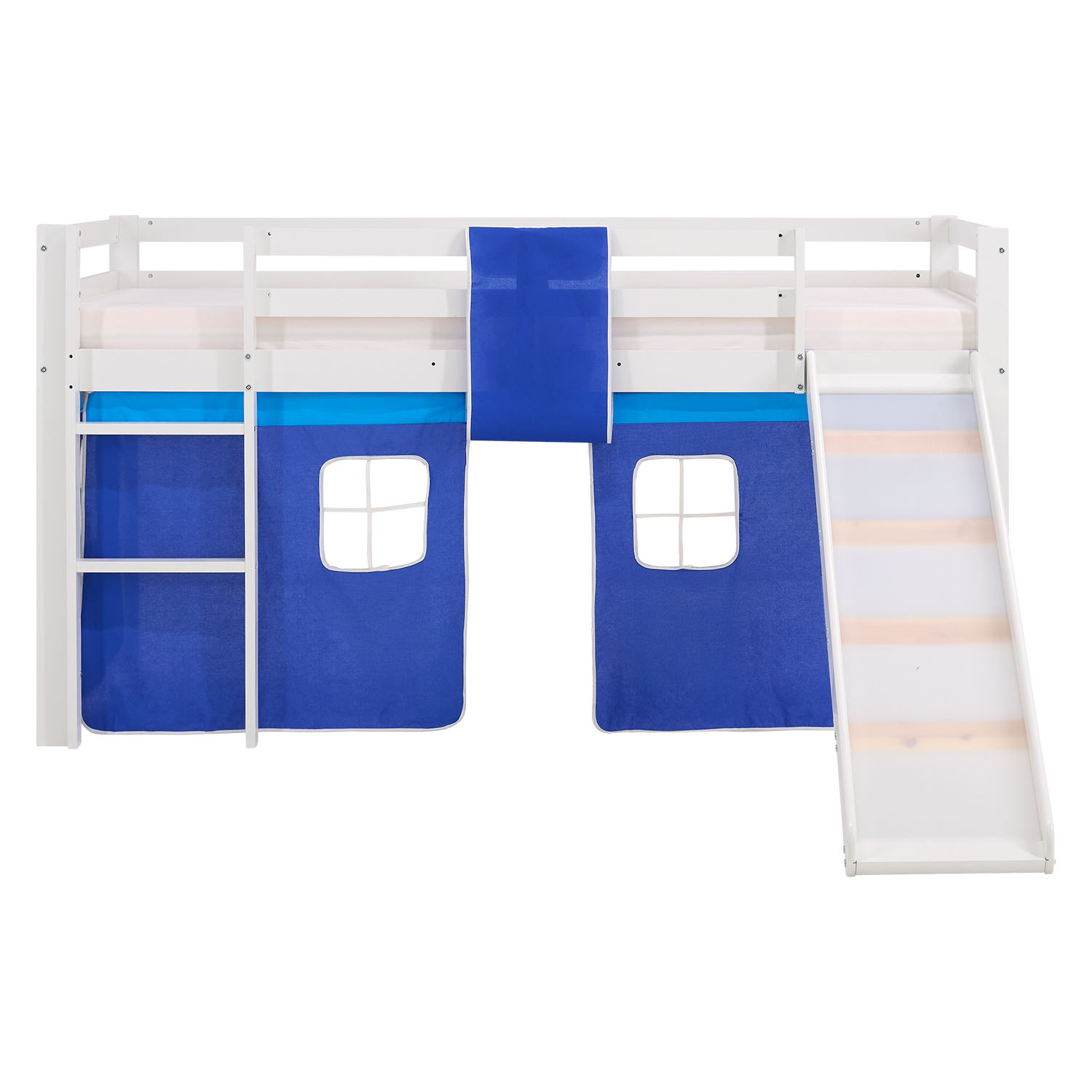 Children's Loft Bed 90x200 cm White with Blue Curtain | Slide | Without Slatted Base | For Boys
