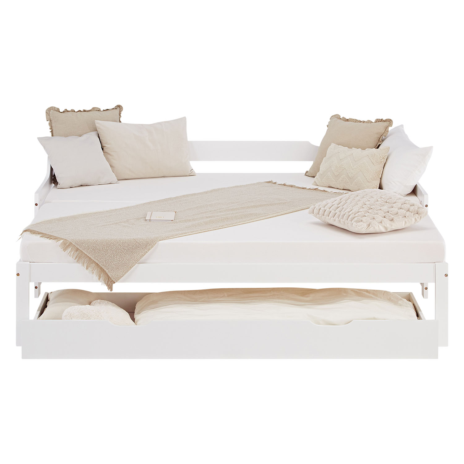 Gästebett Holzbett 90x200 cm Weiß Stauraum Tagesbett ausziehbar Jugendbett Ausziehbett Bett mit Bettkasten Matratze