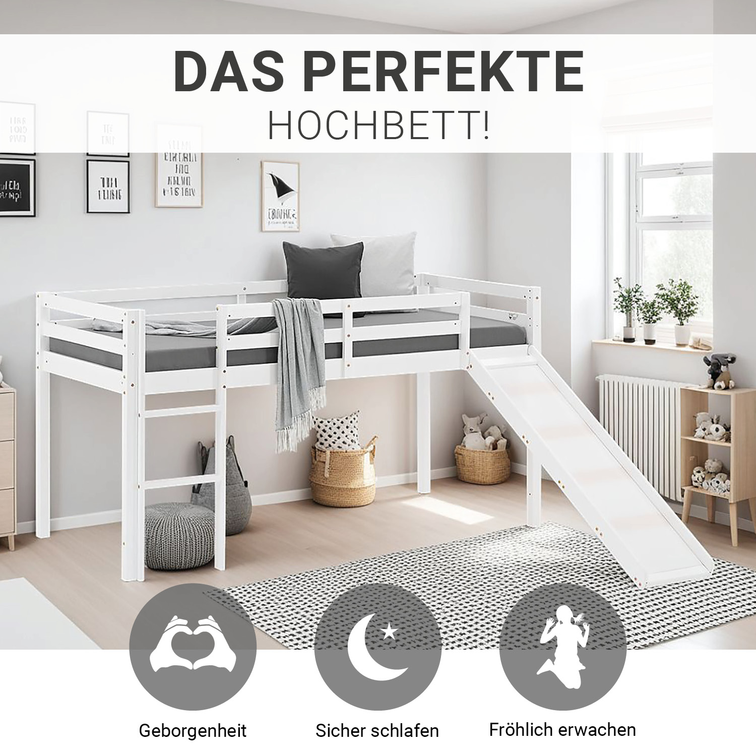 Loft Bed Kids 90x200 cm White | Slide | without Slatted Frame