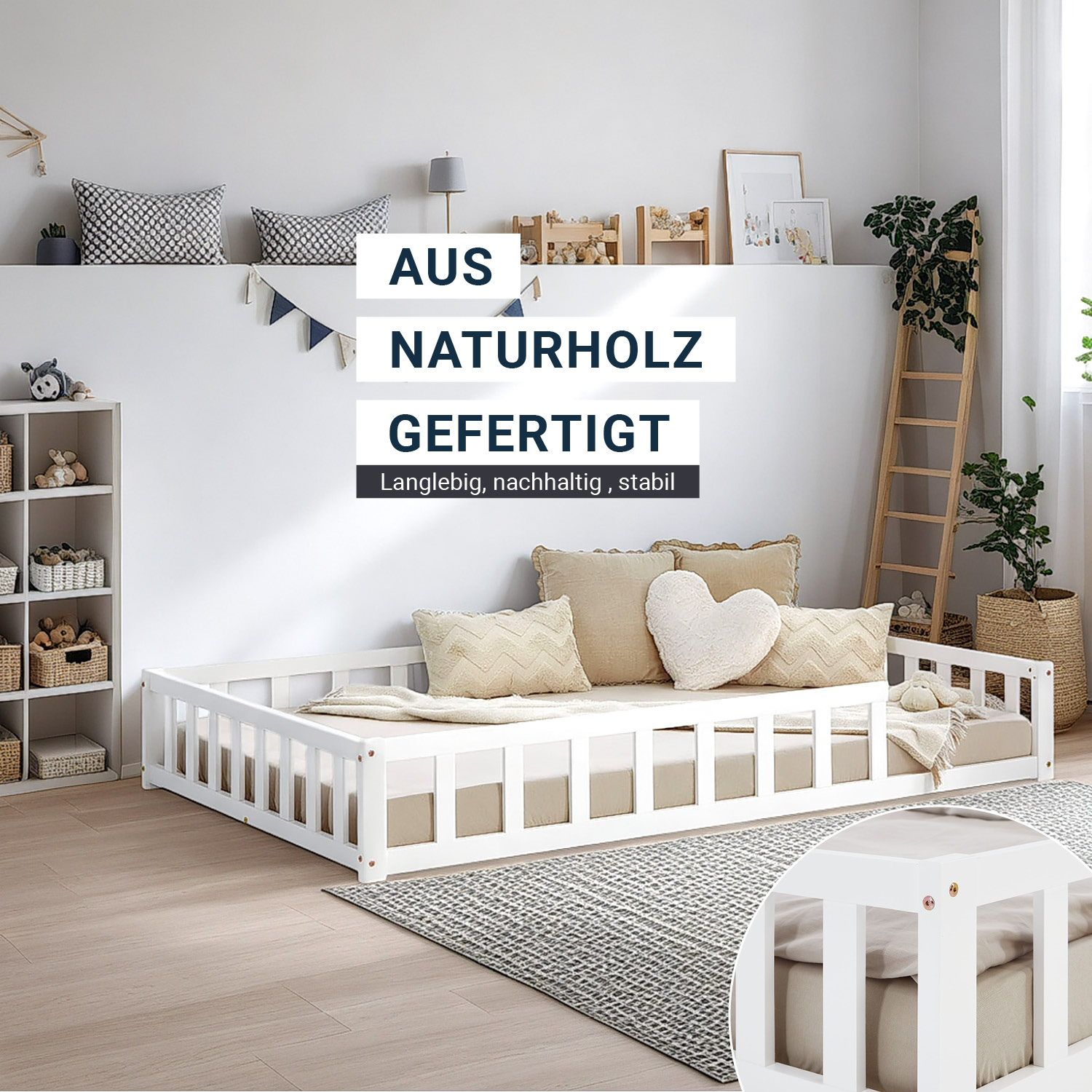 Children's Bed 120x200 White | Floor Bed with Mattress & Slatted Frame | with Fall Protection | Montessori