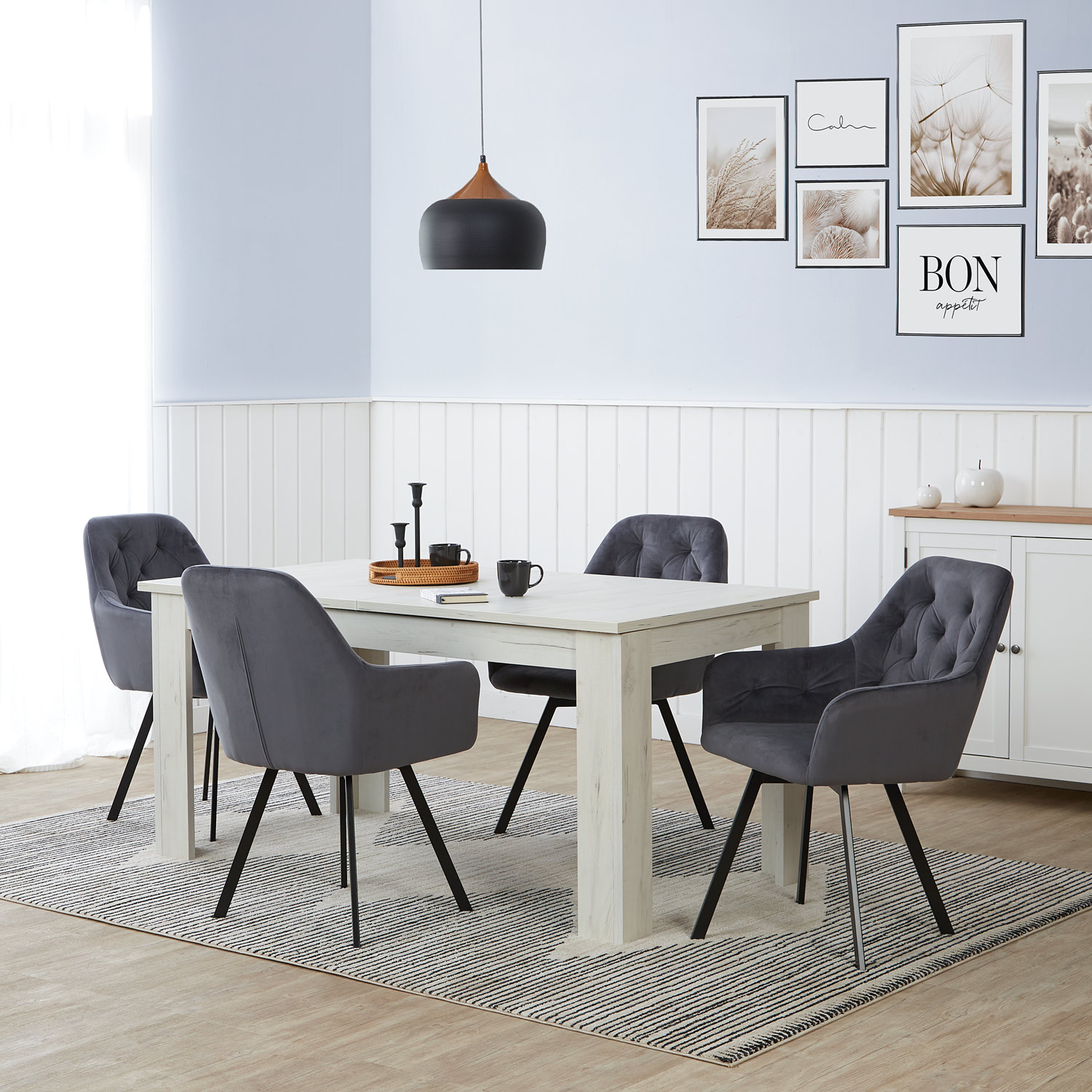 Upholstered Chair Velvet Grey | Set of 4 | swivel | with Armrests | Kitchen Dining Room Office