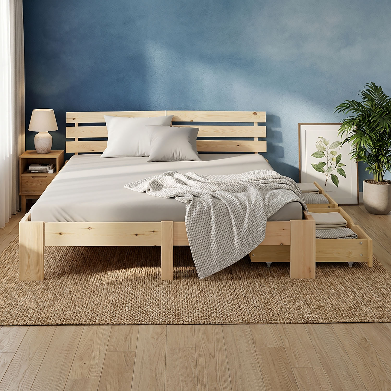 Wood Bed 160x200 cm Natural | Double Bed with Storage 2 Drawers | with Mattress | Solid | Youth Guest Bedroom
