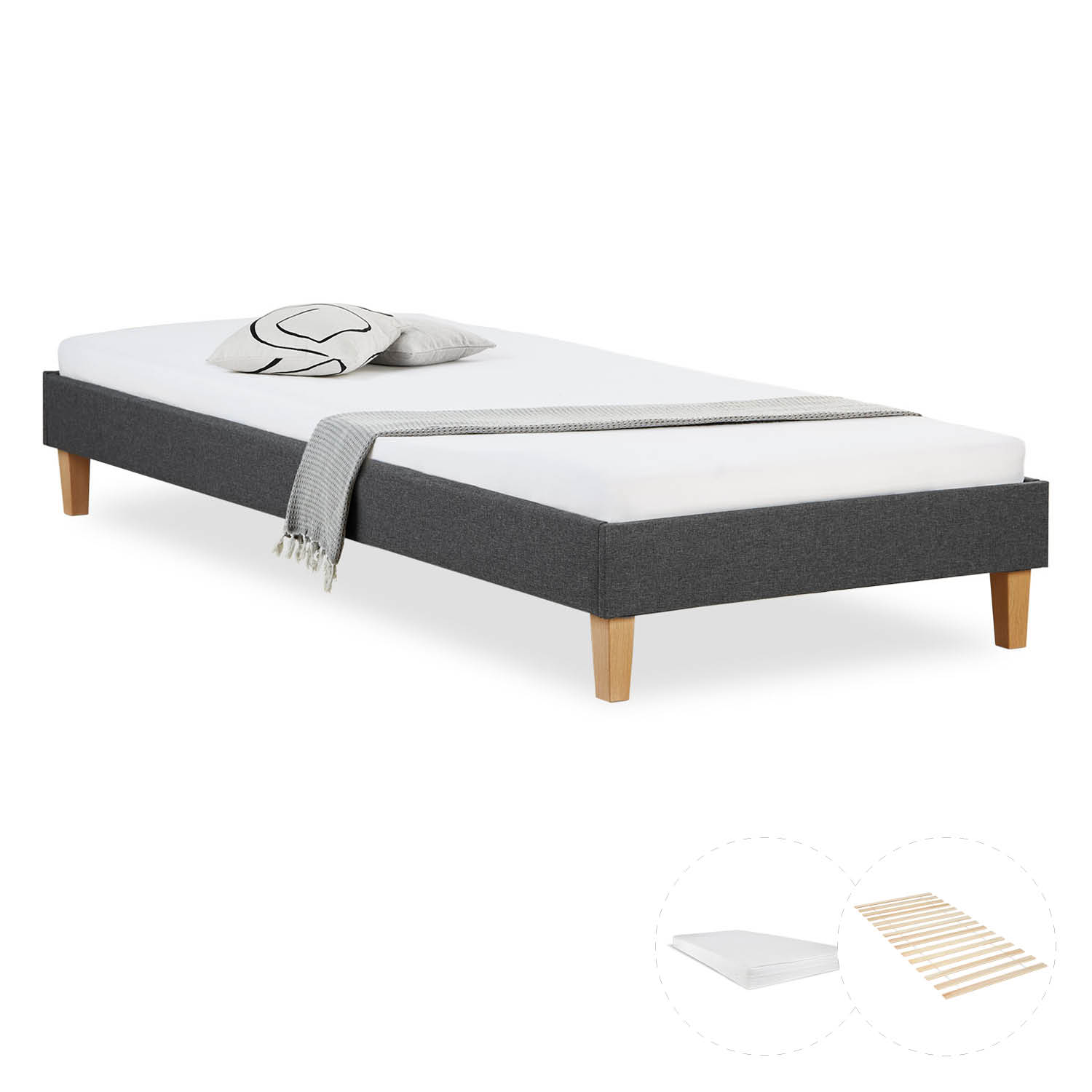 Upholstered bed 90x200 cm grey | futon bed | with slatted frame | with mattress | single fabric bed frame