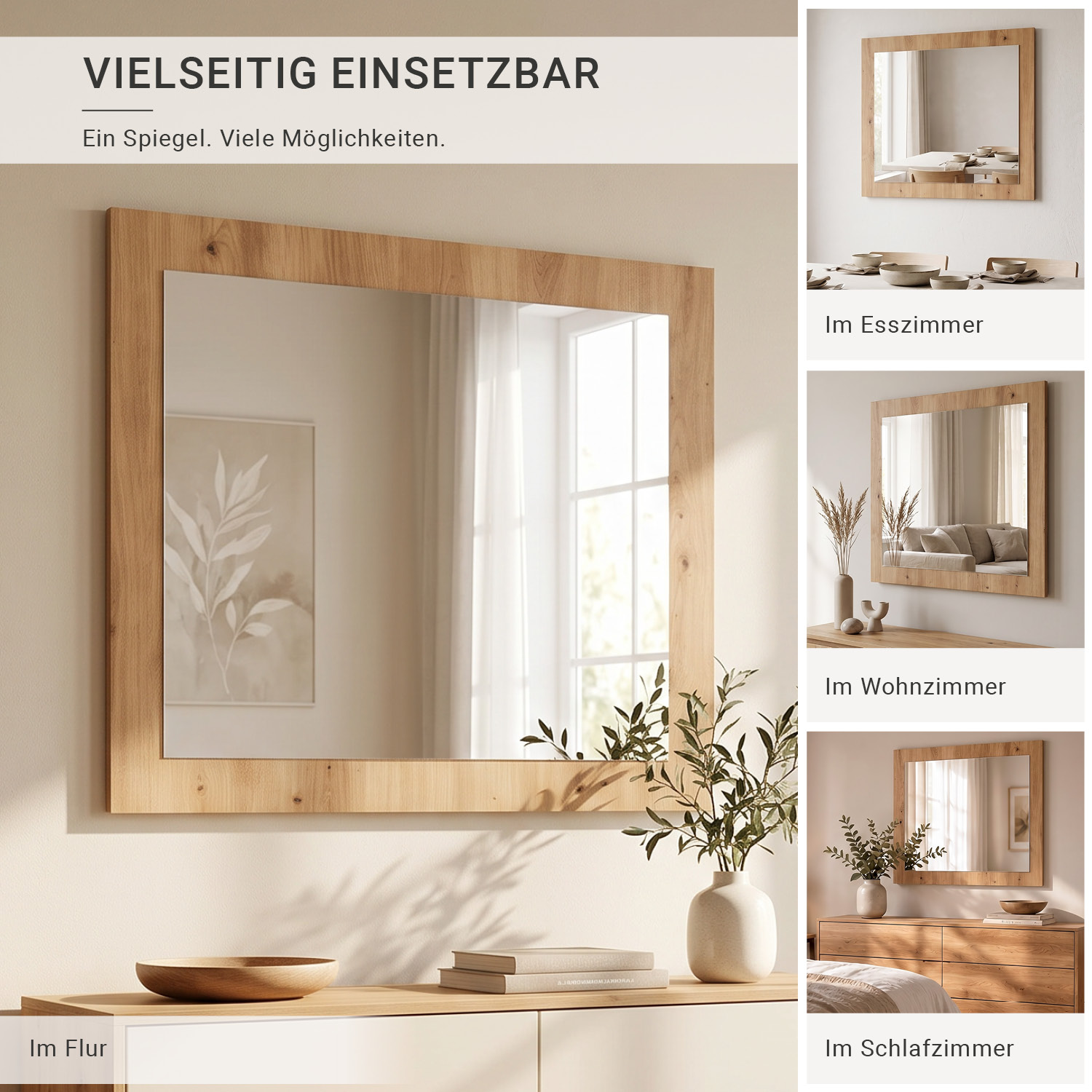 Large Rectangular Wall Mirror 80x70 cm Oak Effect Wooden Frame Artisan Oak Hallway Bedroom Living Room Mirror