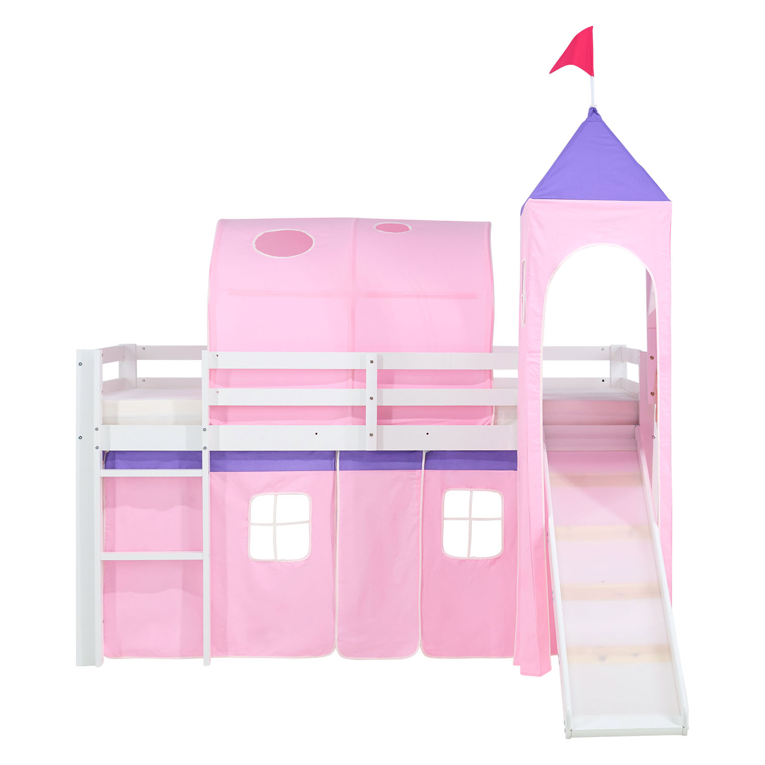 Loft Bed Play Bed Cot Slide Tower Curtain Pink 90x200 Youth Bed